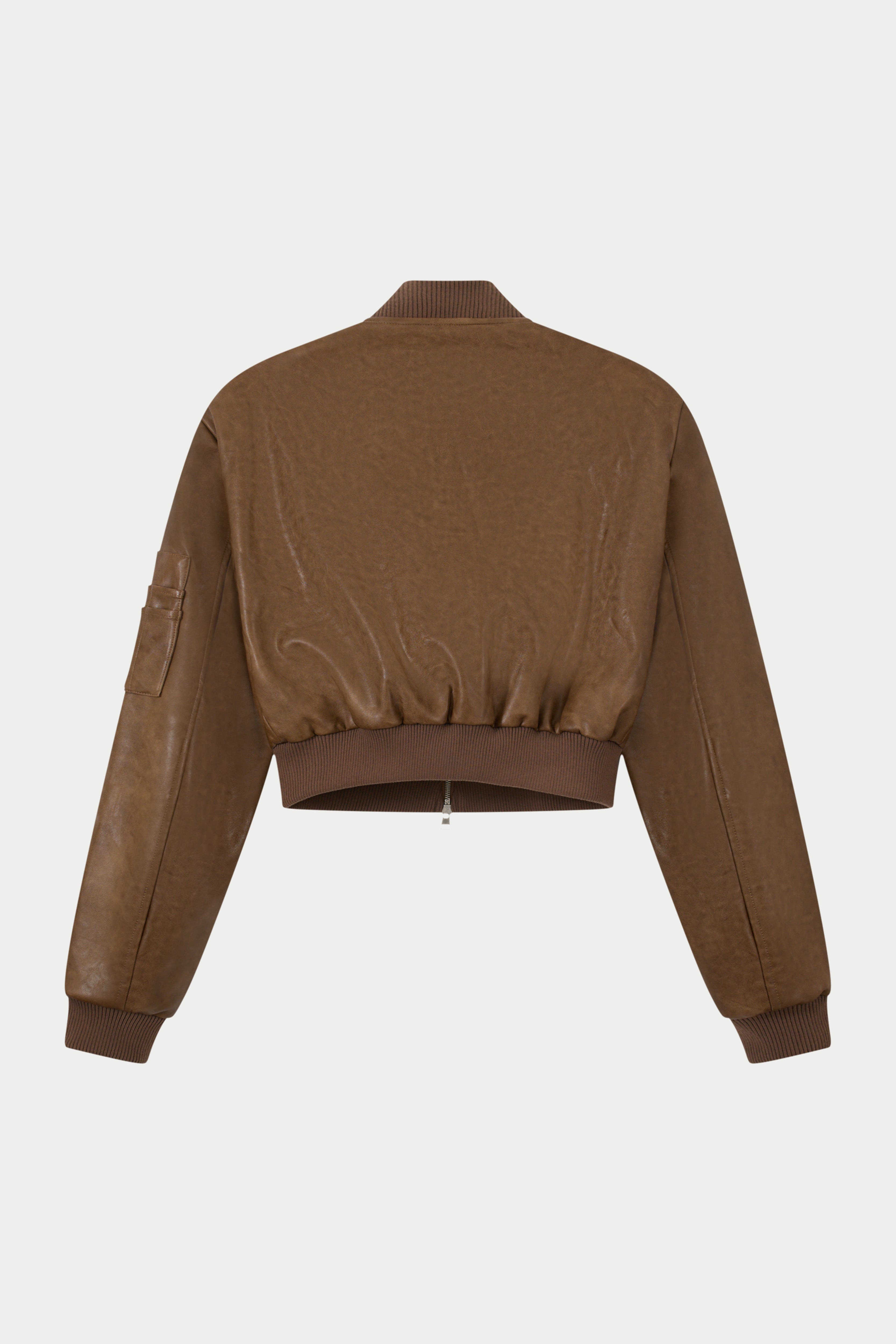 FAUX LEATHER SHOULDER PADDED BOMBER JACKET - WASHED BROWN