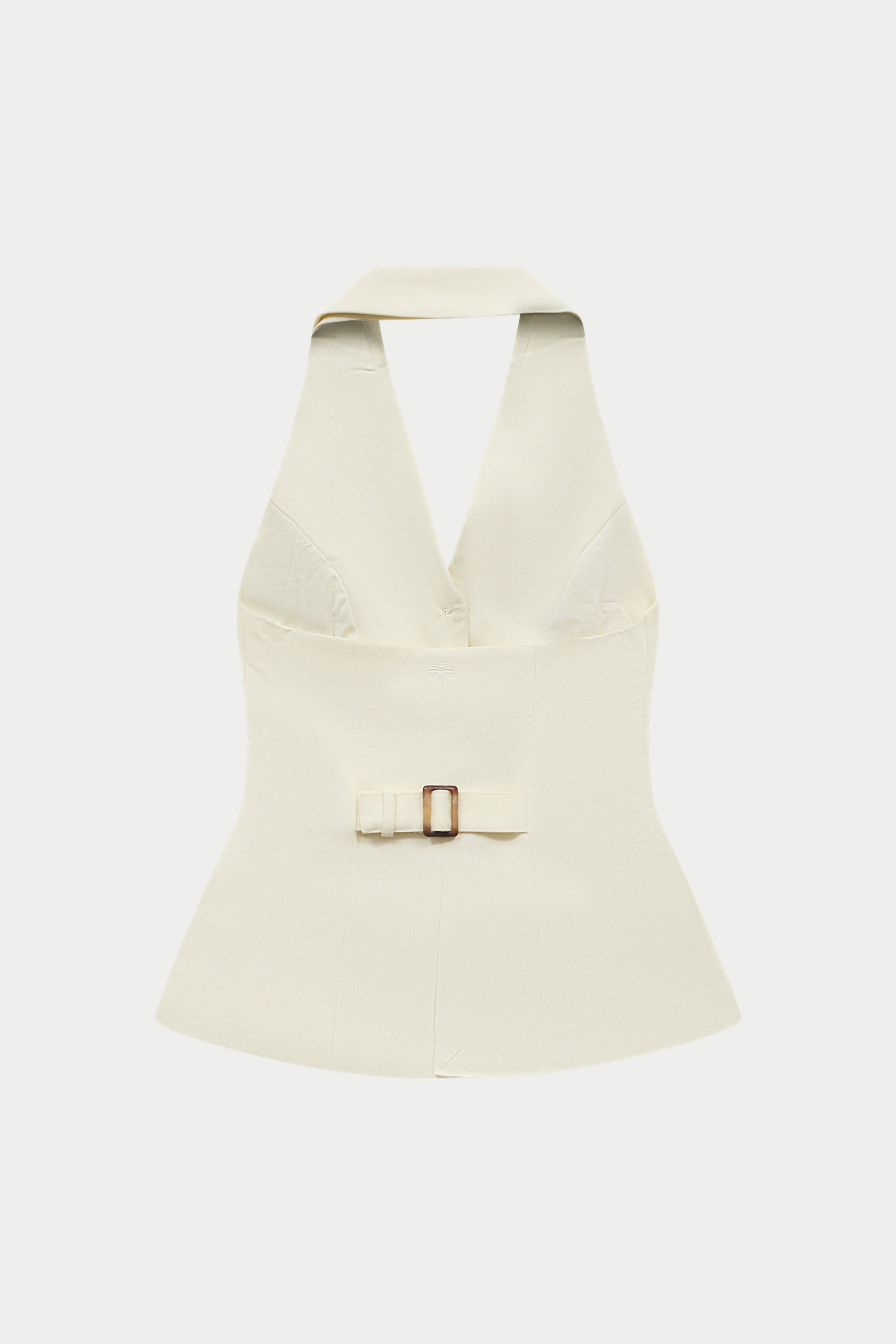 White halter neck blazer with adjustable fastener on a white background
