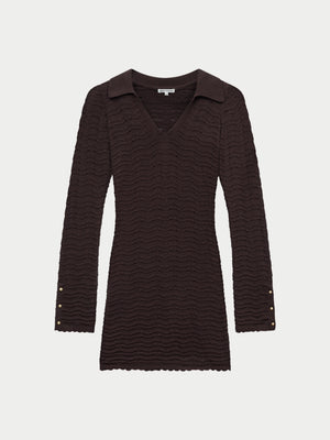 OPEN COLLAR CROCHET KNIT MINI DRESS - CHOCOLATE