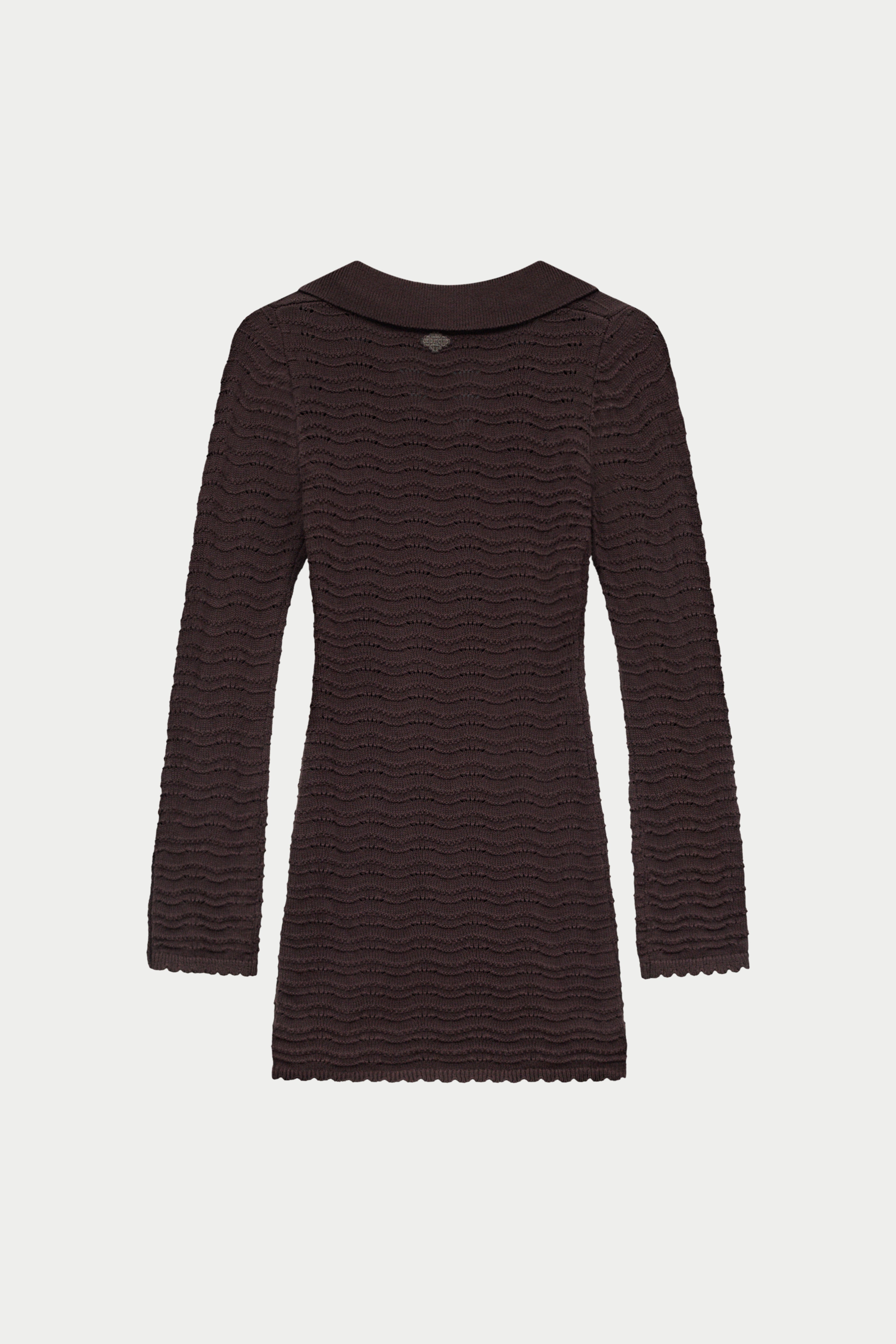 Dark brown long-sleeved crochet knitted mini dress on a white background.