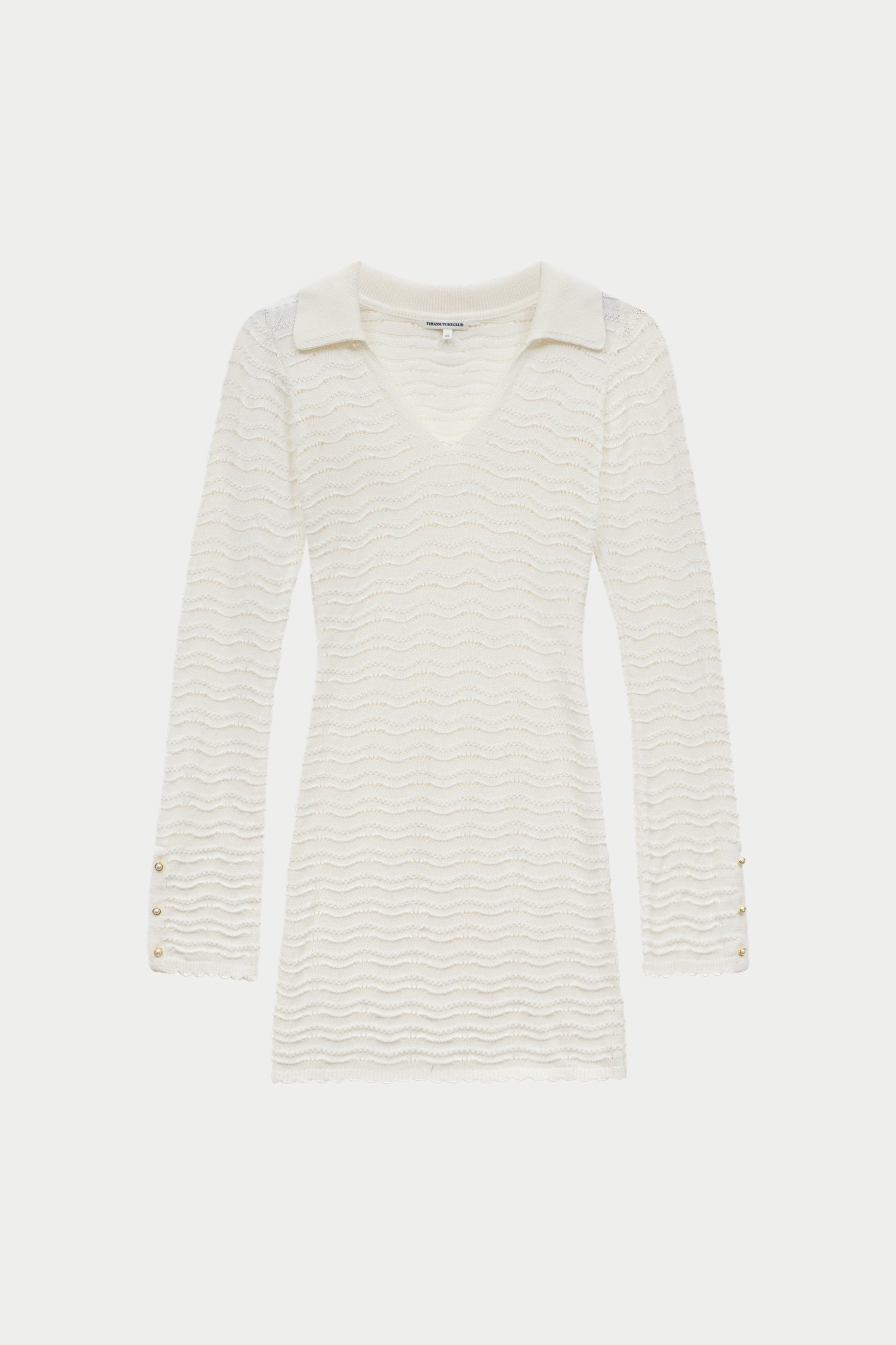 White crochet knitted long-sleeve dress on a white background