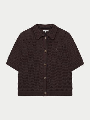CROCHET KNIT SHORT SLEEVE SHIRT - BROWN