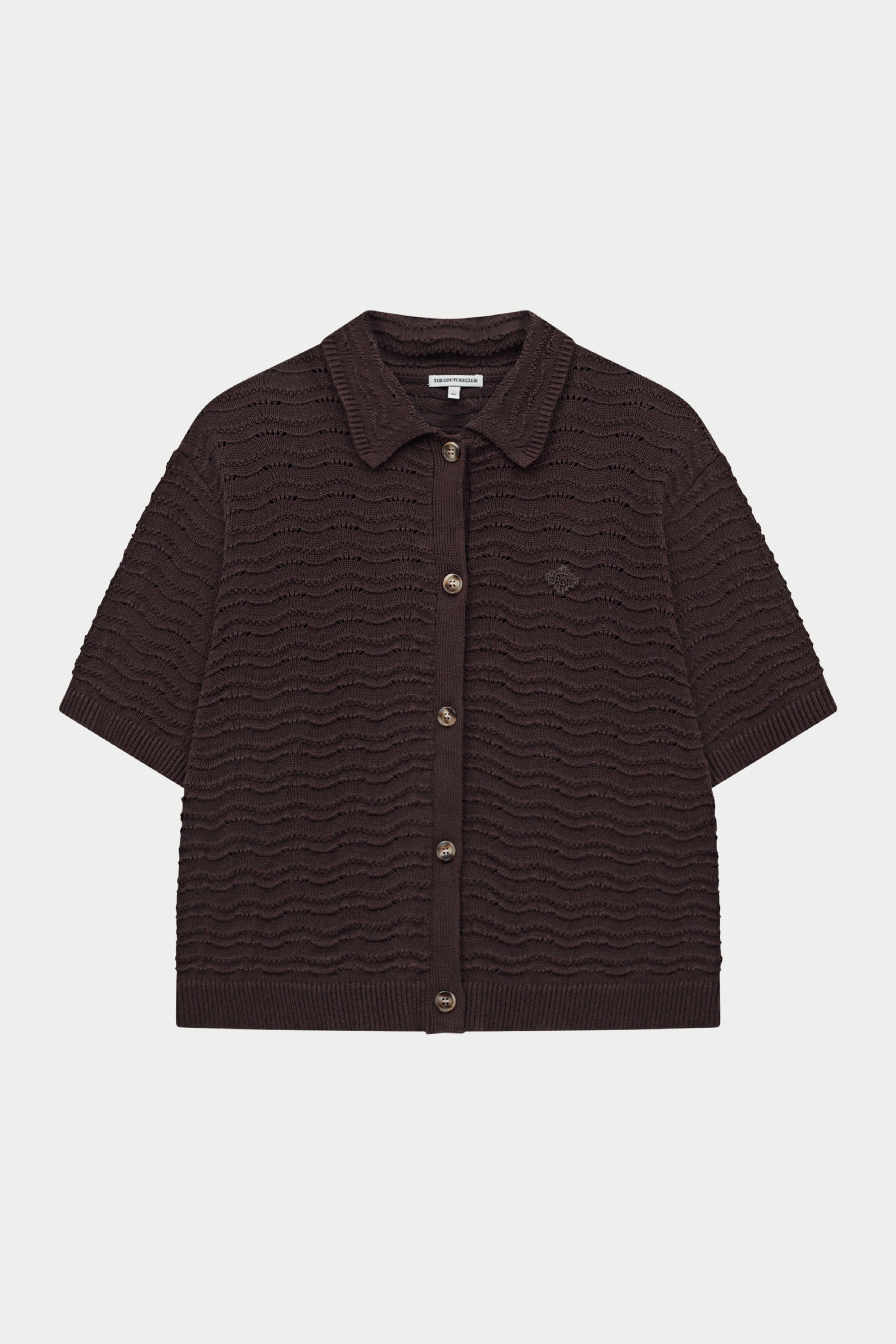 Dark brown crochet knit short sleeved shirt on a white background.