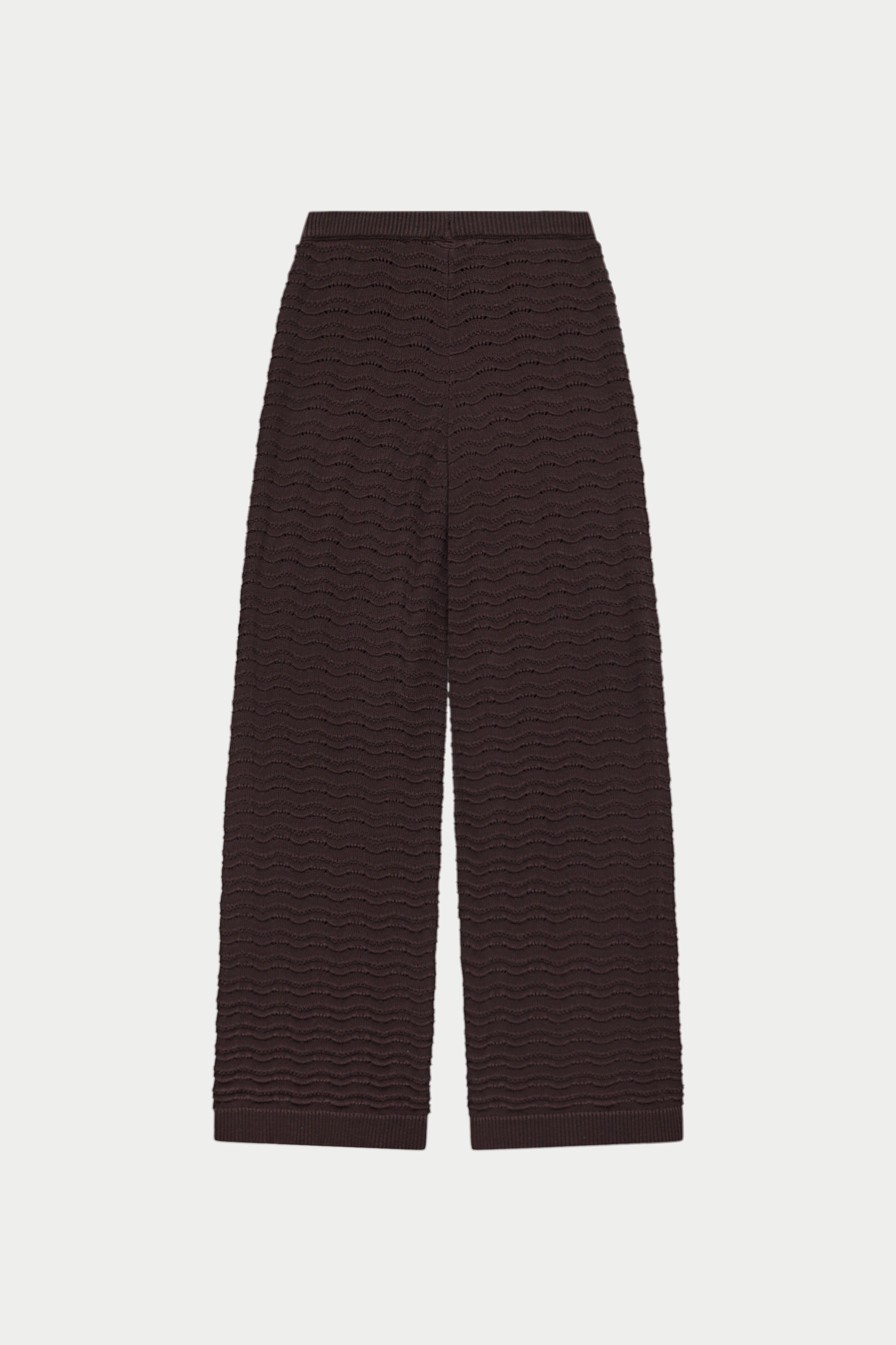 Dark brown crochet knit pants on a white background
