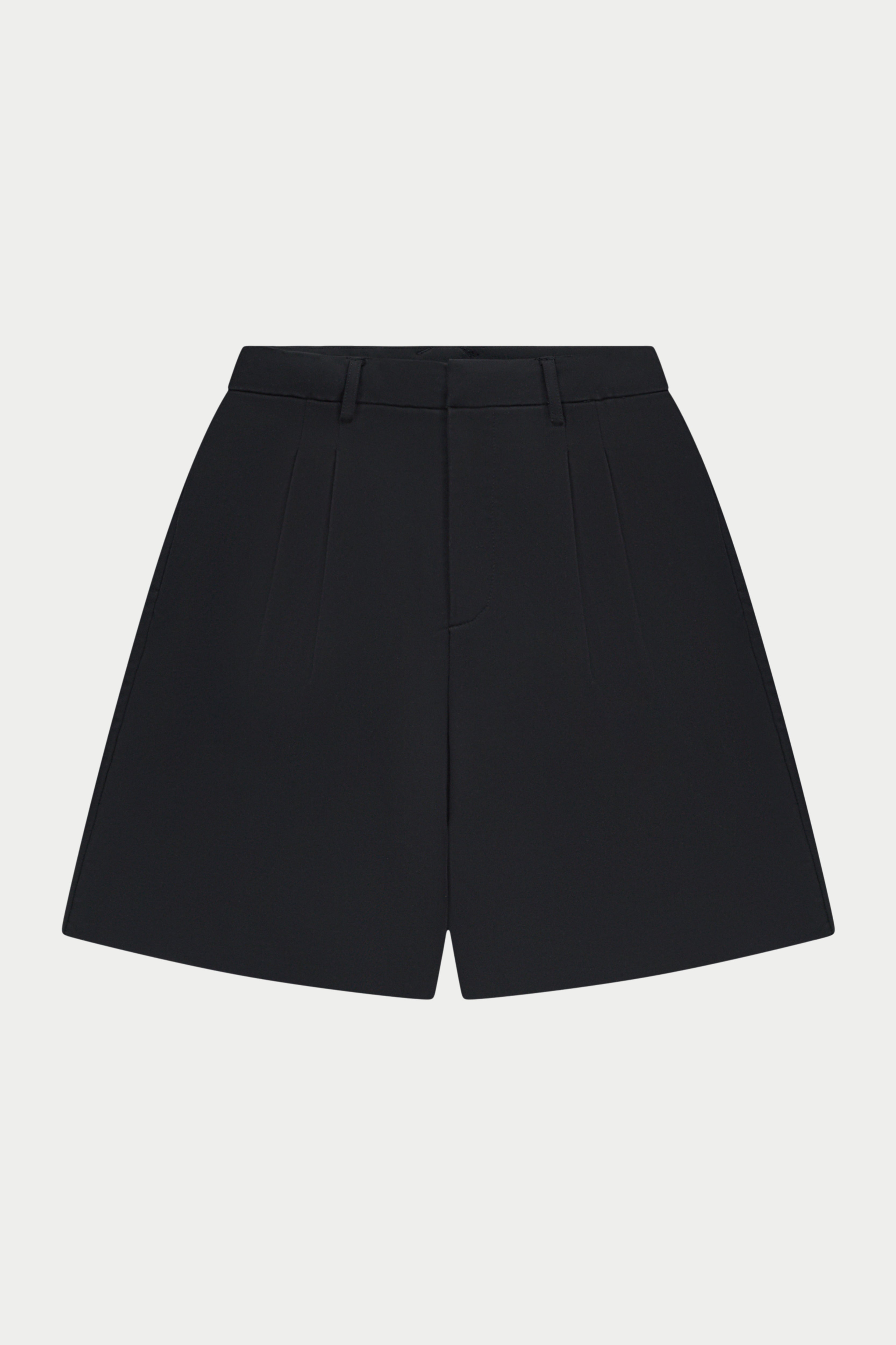 Black high waisted tailored shorts on a white background