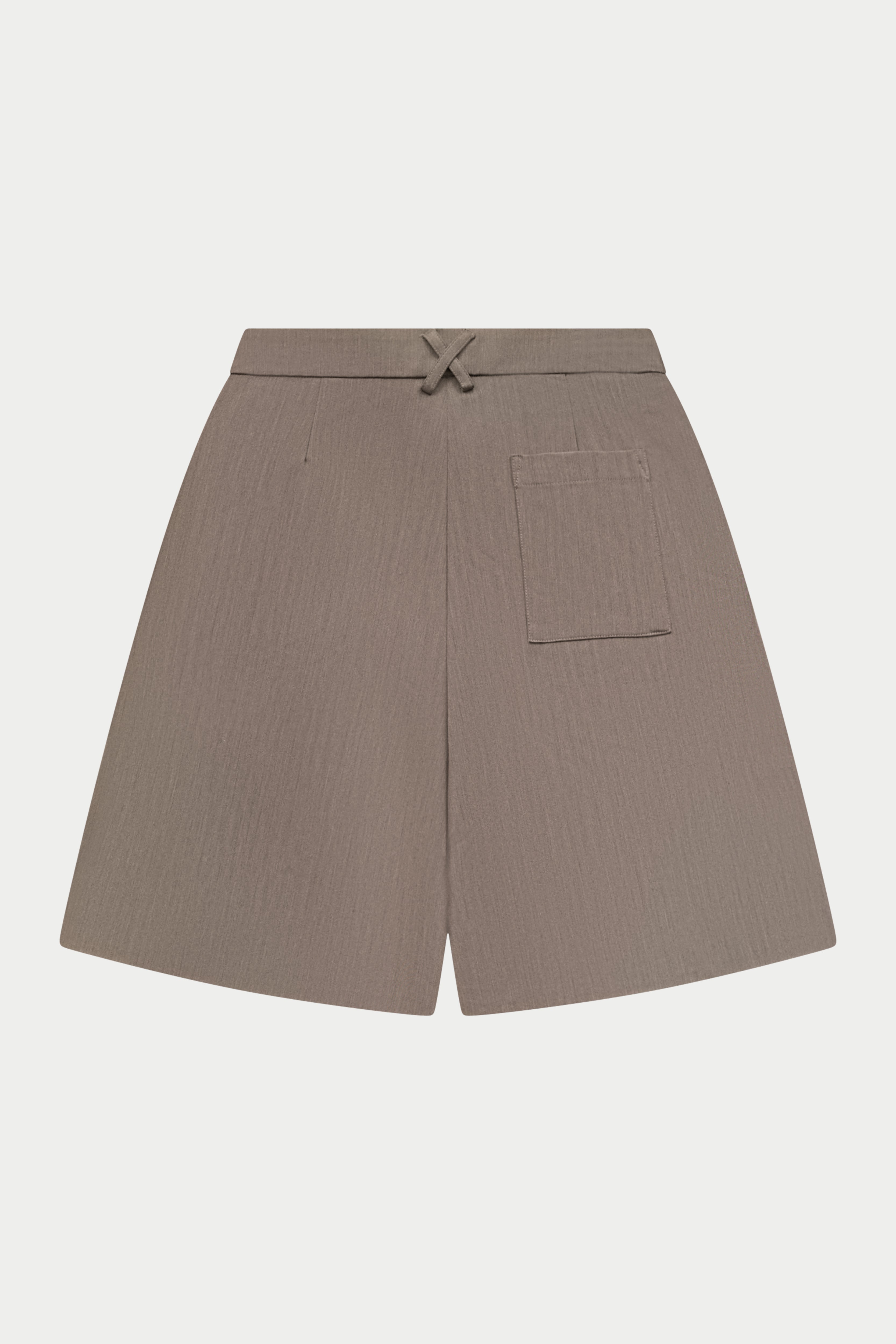 Brown high waisted tailored shorts on a white background