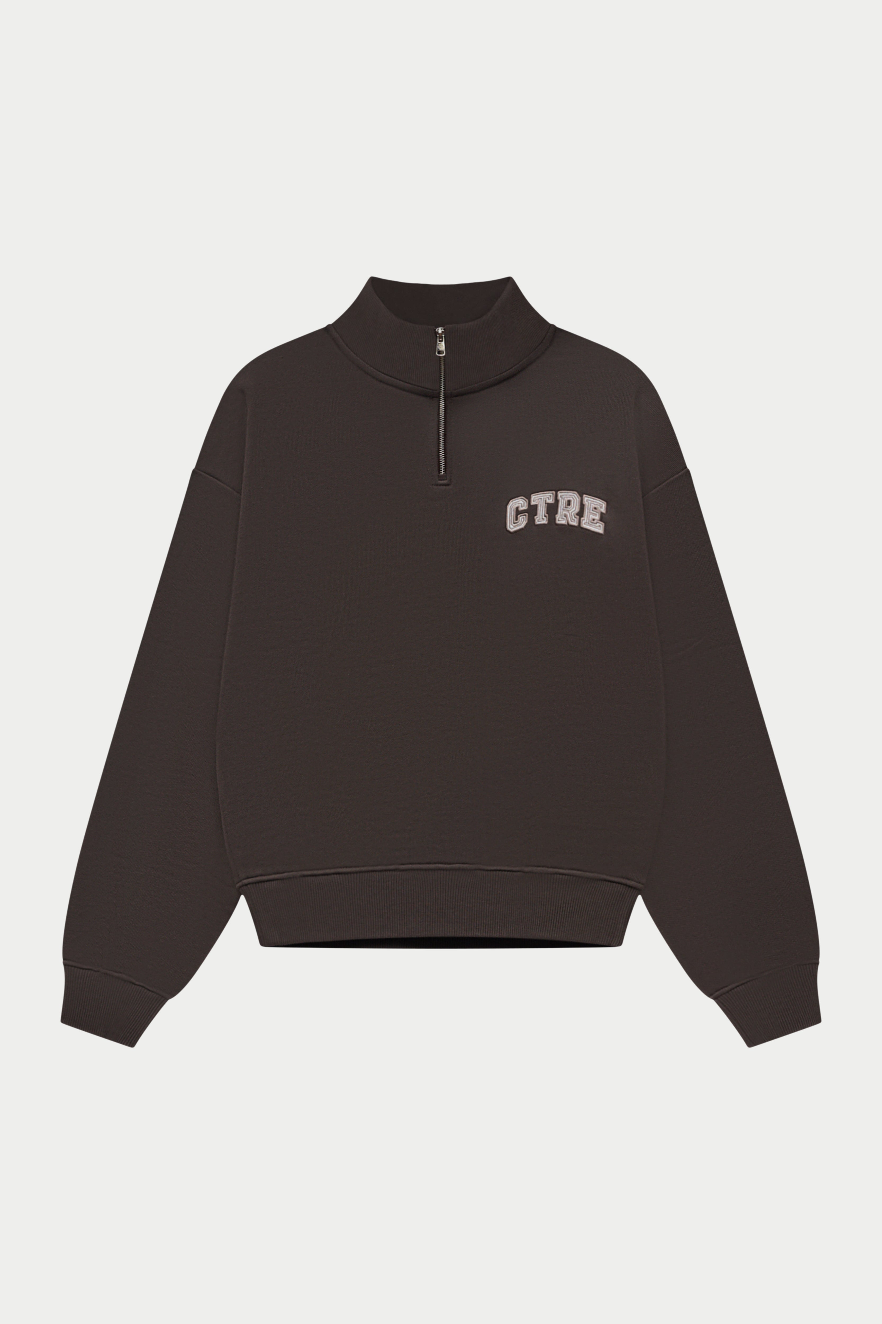 Dark brown quarter zip sweatshirt on a white background