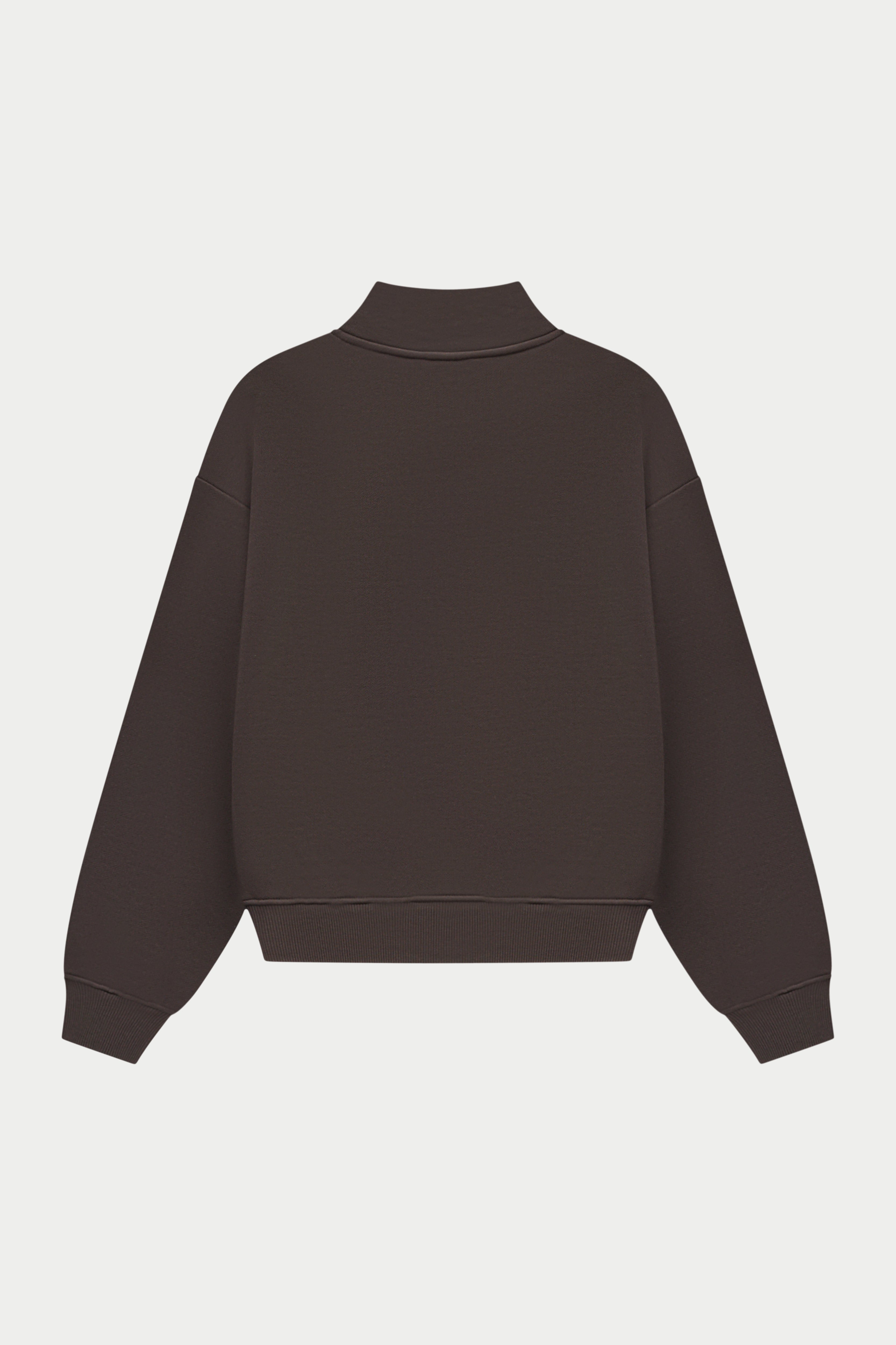 Dark brown quarter zip sweatshirt on a white background