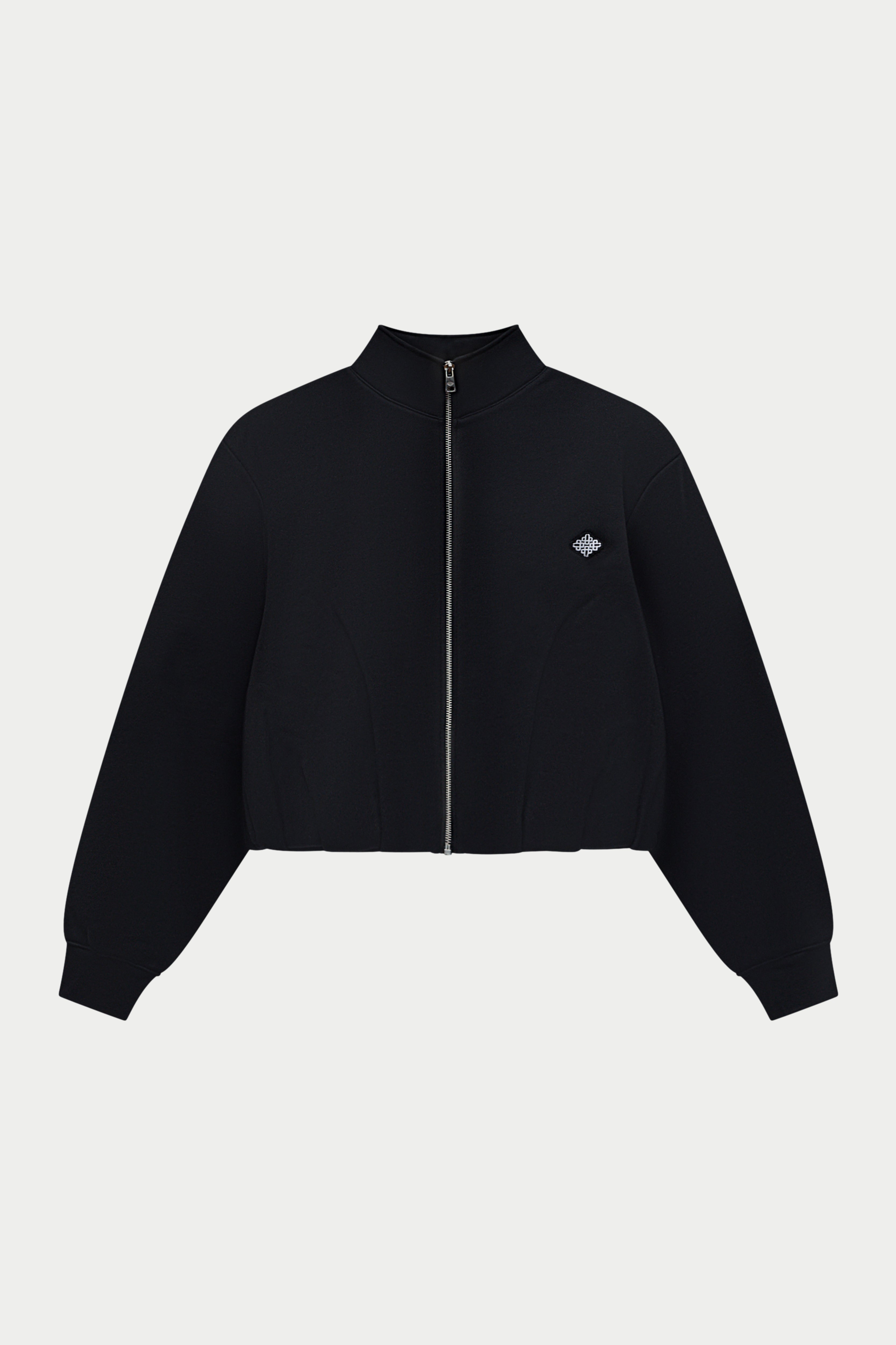 Black funnel neck zip through hoodie on a white background
