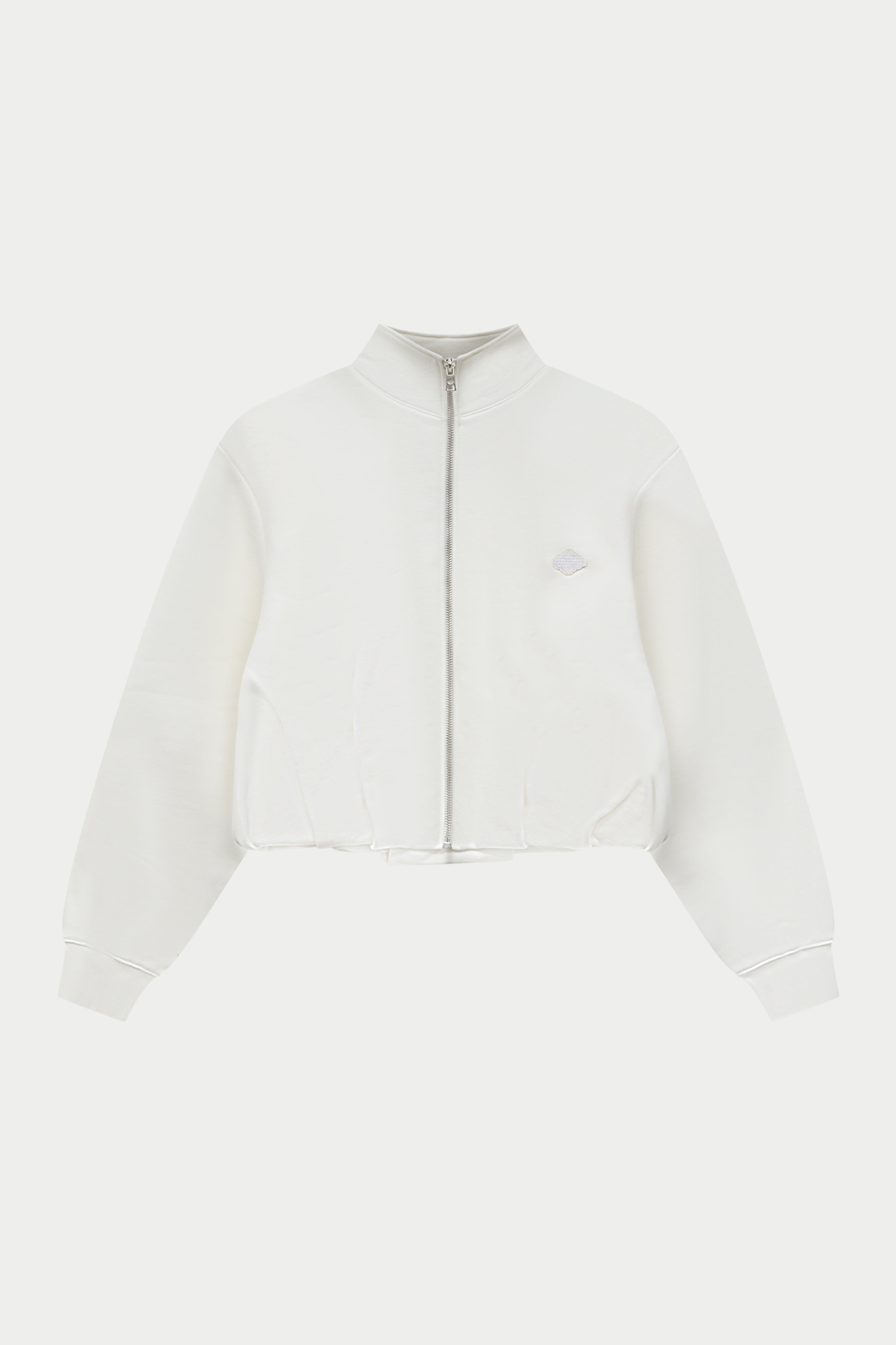Off white funnel neck zip through hoodie on a white background