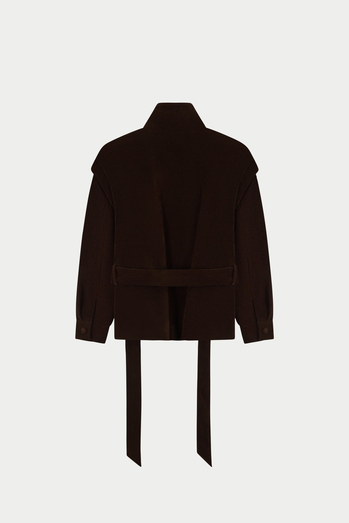 FAUX SUEDE FUNNEL NECK TIE WAIST JACKET - BROWN