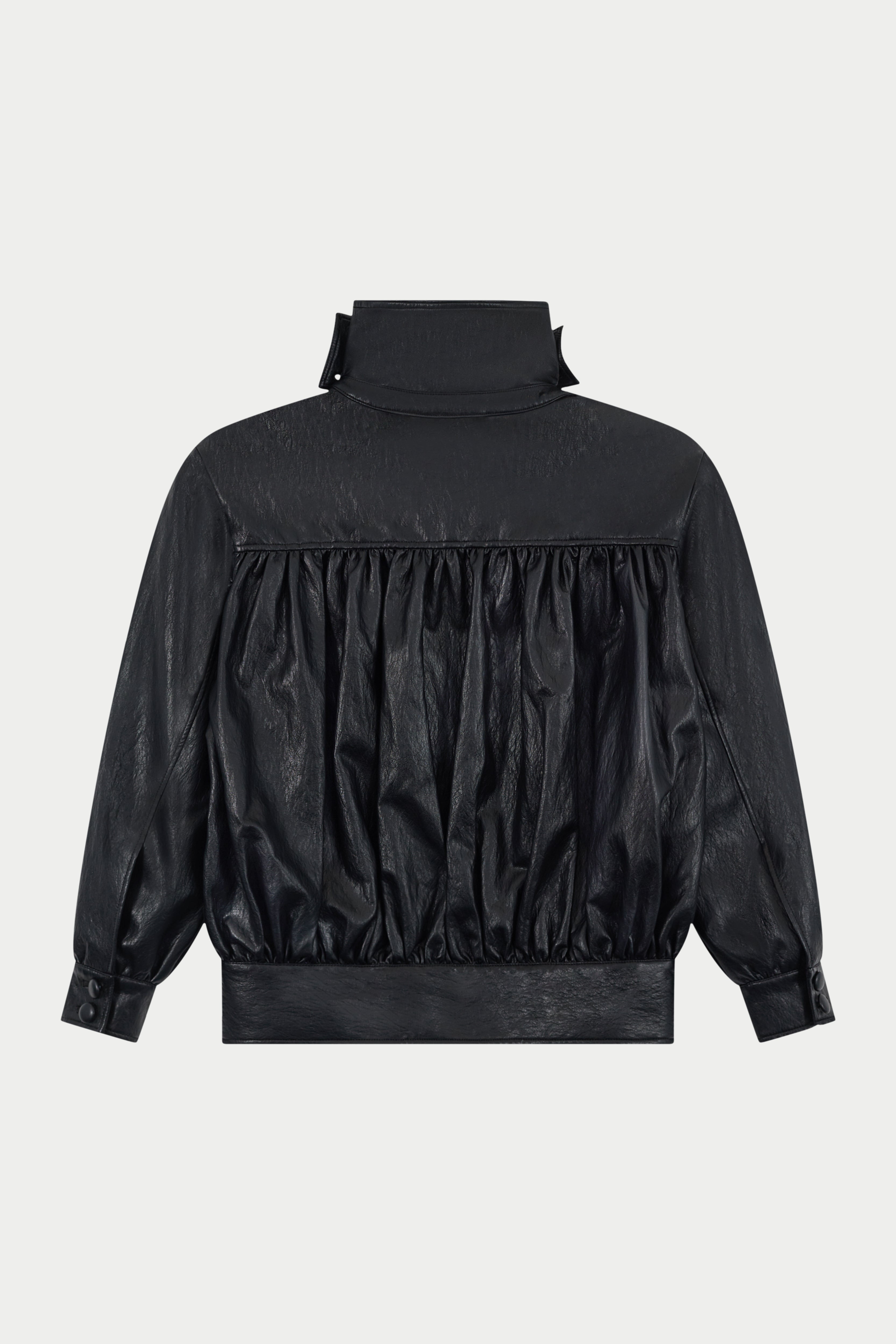 RUCHED FUNNEL NECK FAUX LEATHER JACKET - BLACK