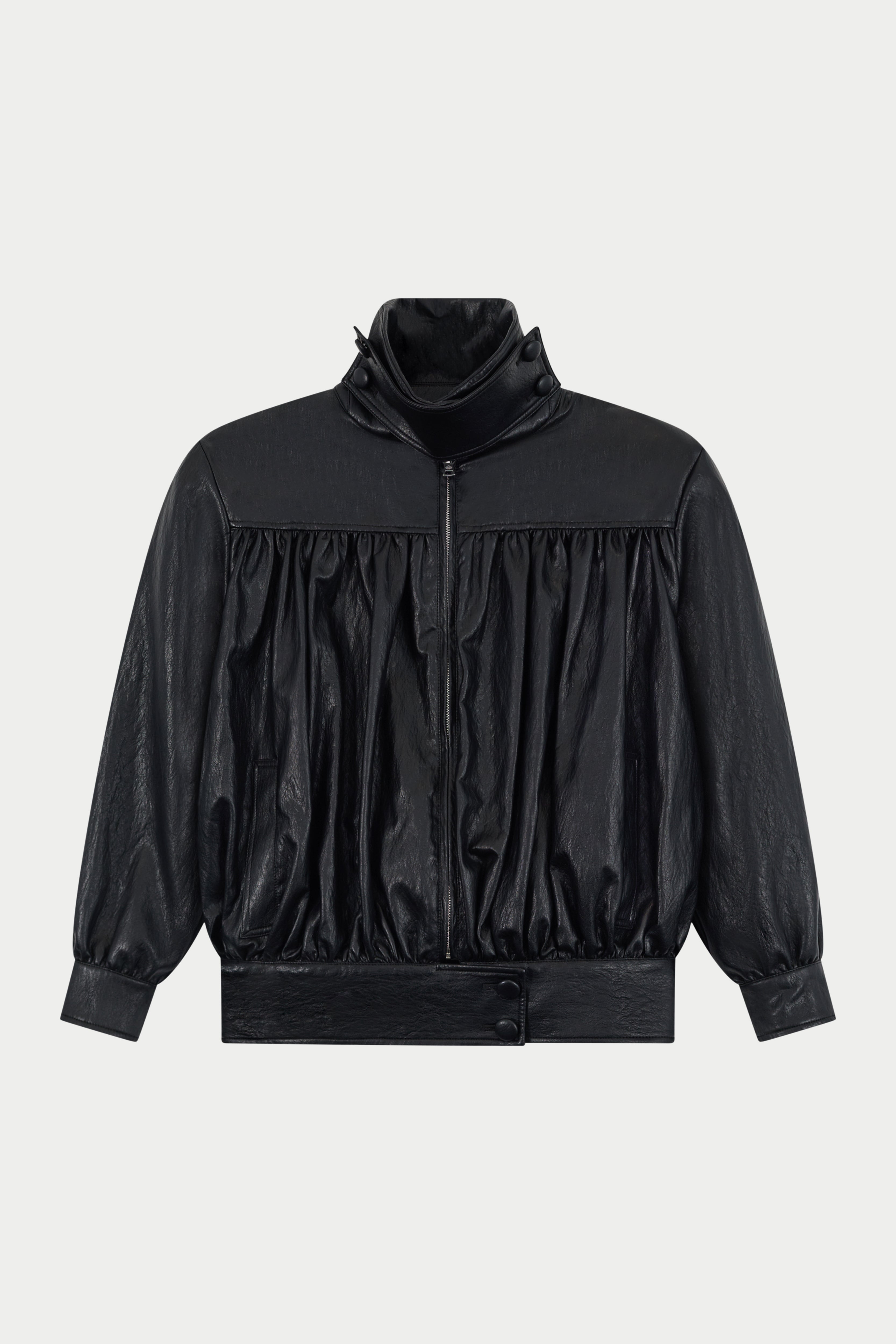 RUCHED FUNNEL NECK FAUX LEATHER JACKET - BLACK