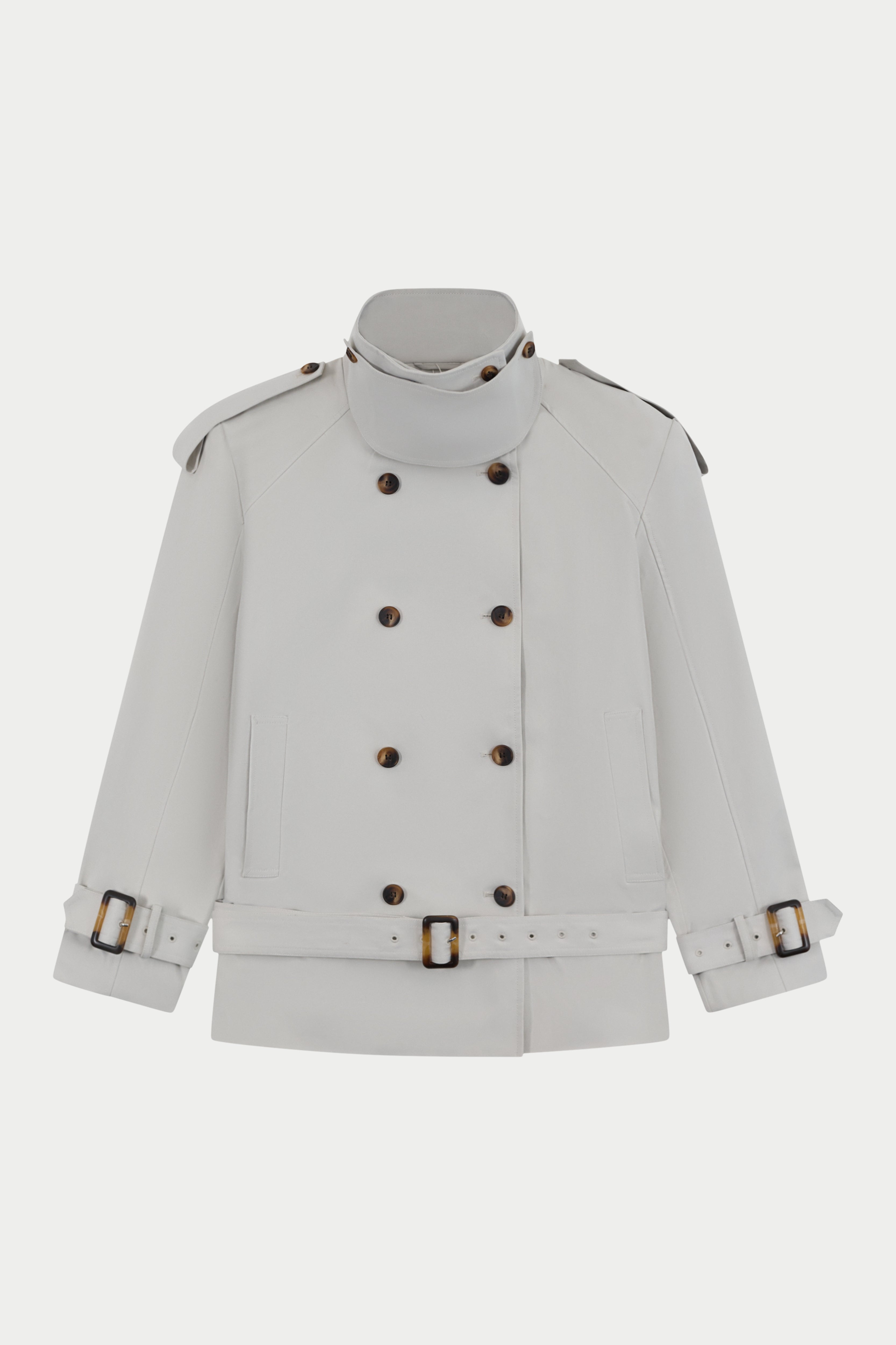 FUNNEL NECK SHOULDER PADDED TRENCH COAT - STONE