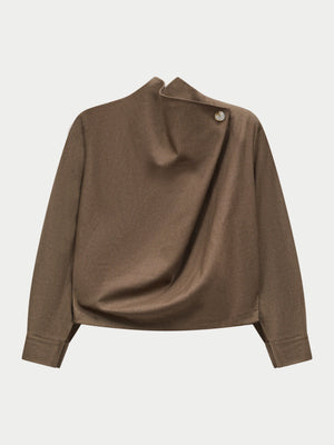 MICRO CHECK WRAP FUNNEL NECK TOP - BROWN