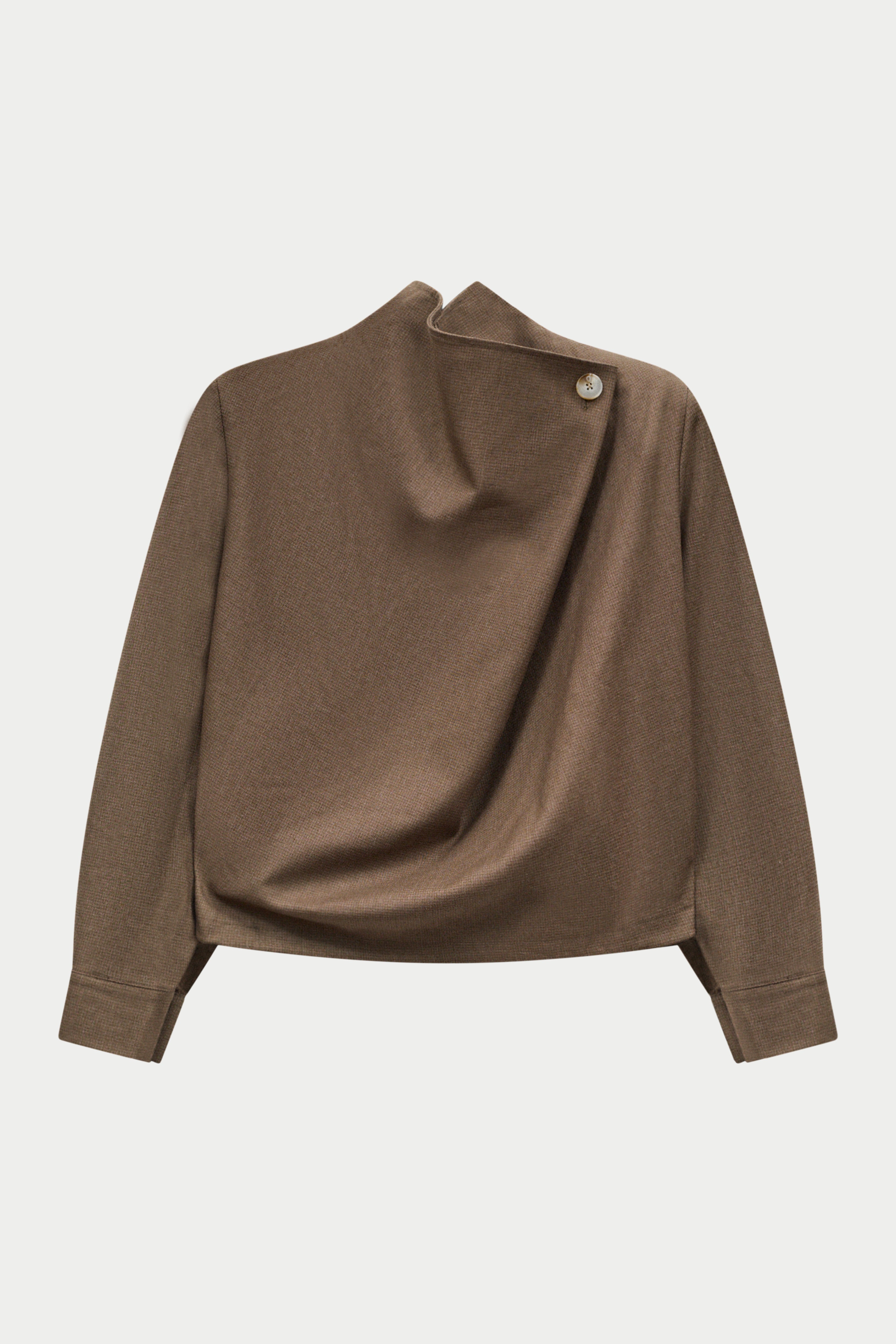 Brown tailored wrap funnel neck top on a white background