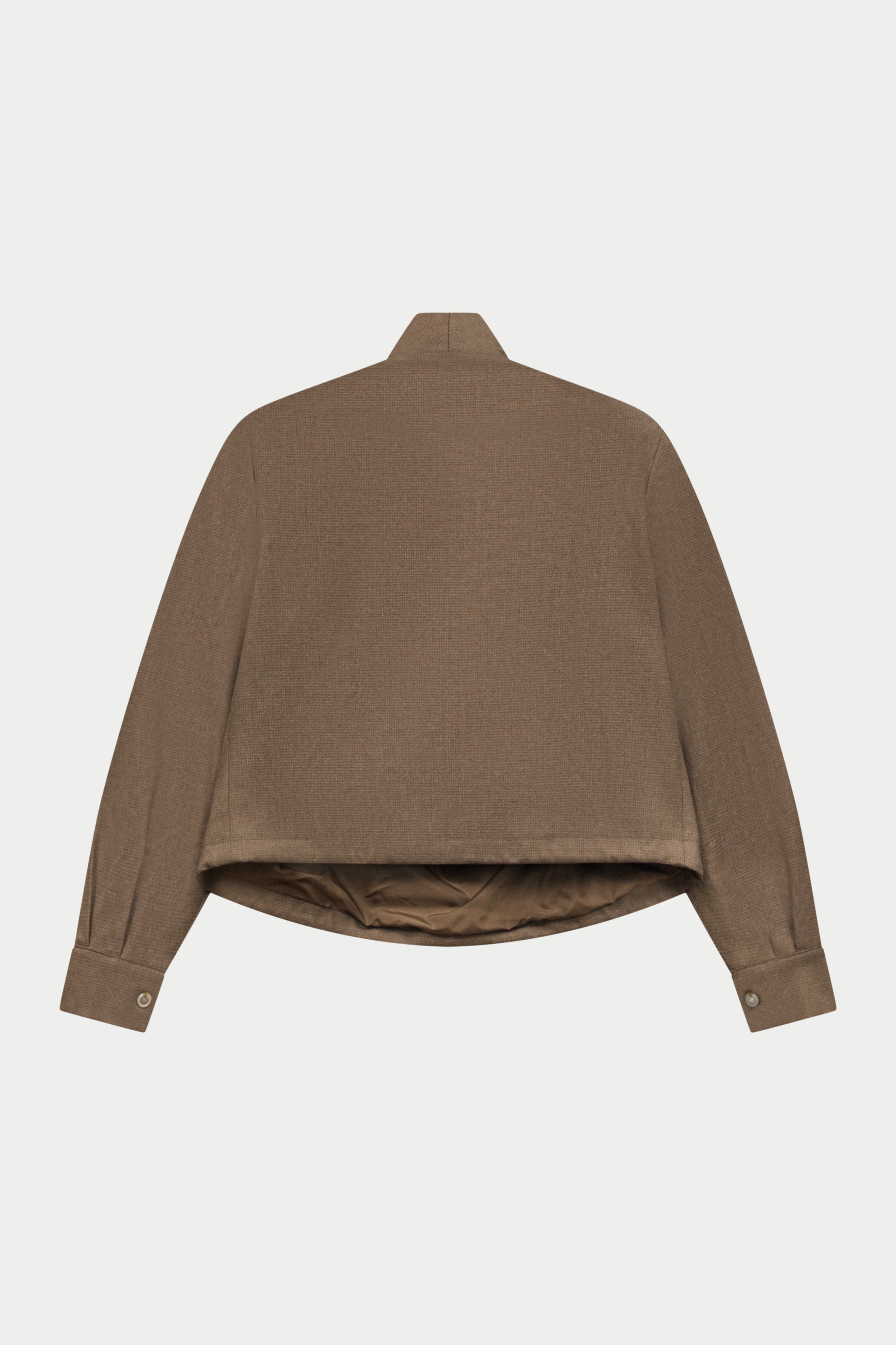 Brown tailored wrap funnel neck top on a white background