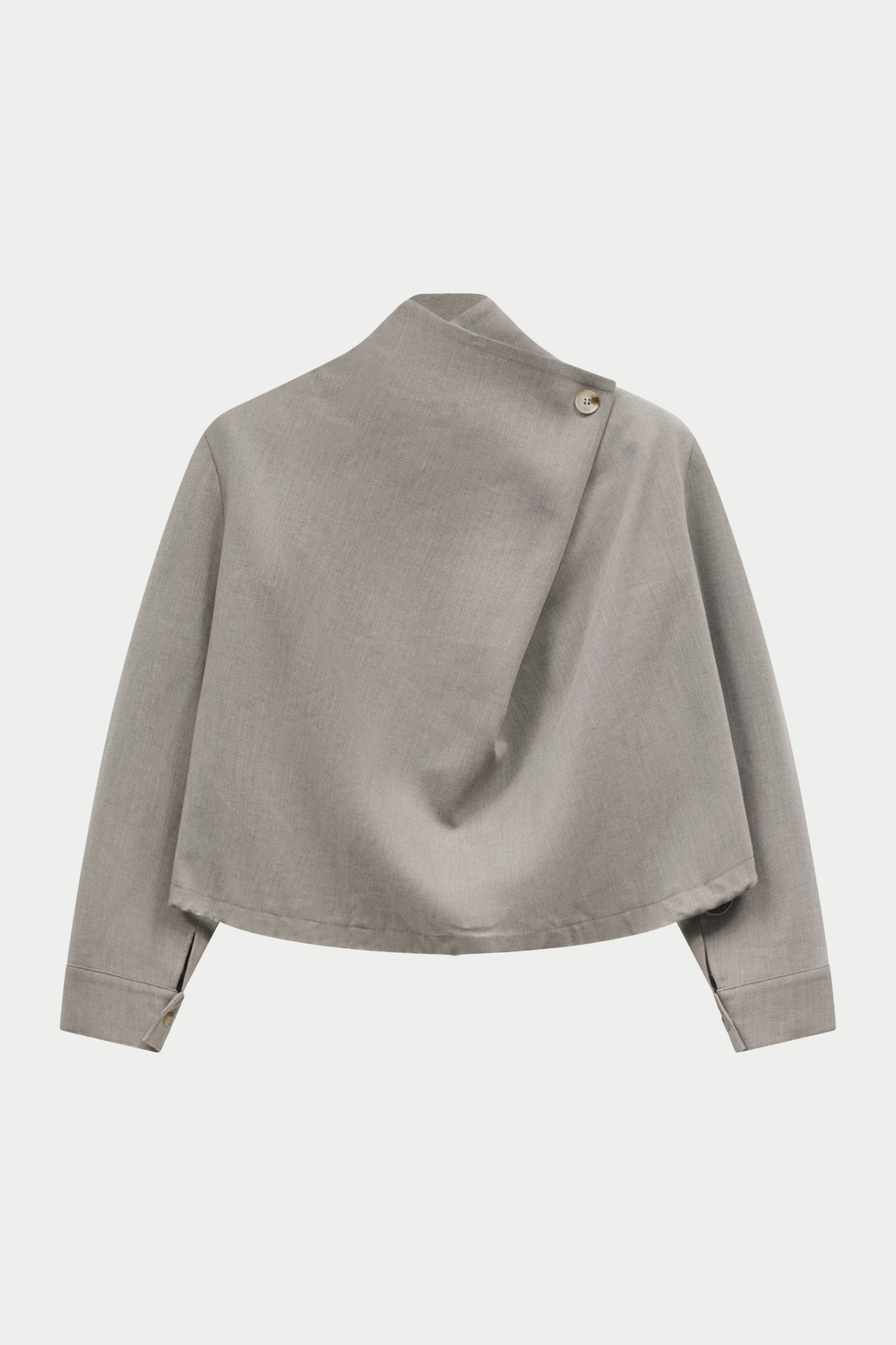 Grey wrap funnel neck tailored top on a white background.