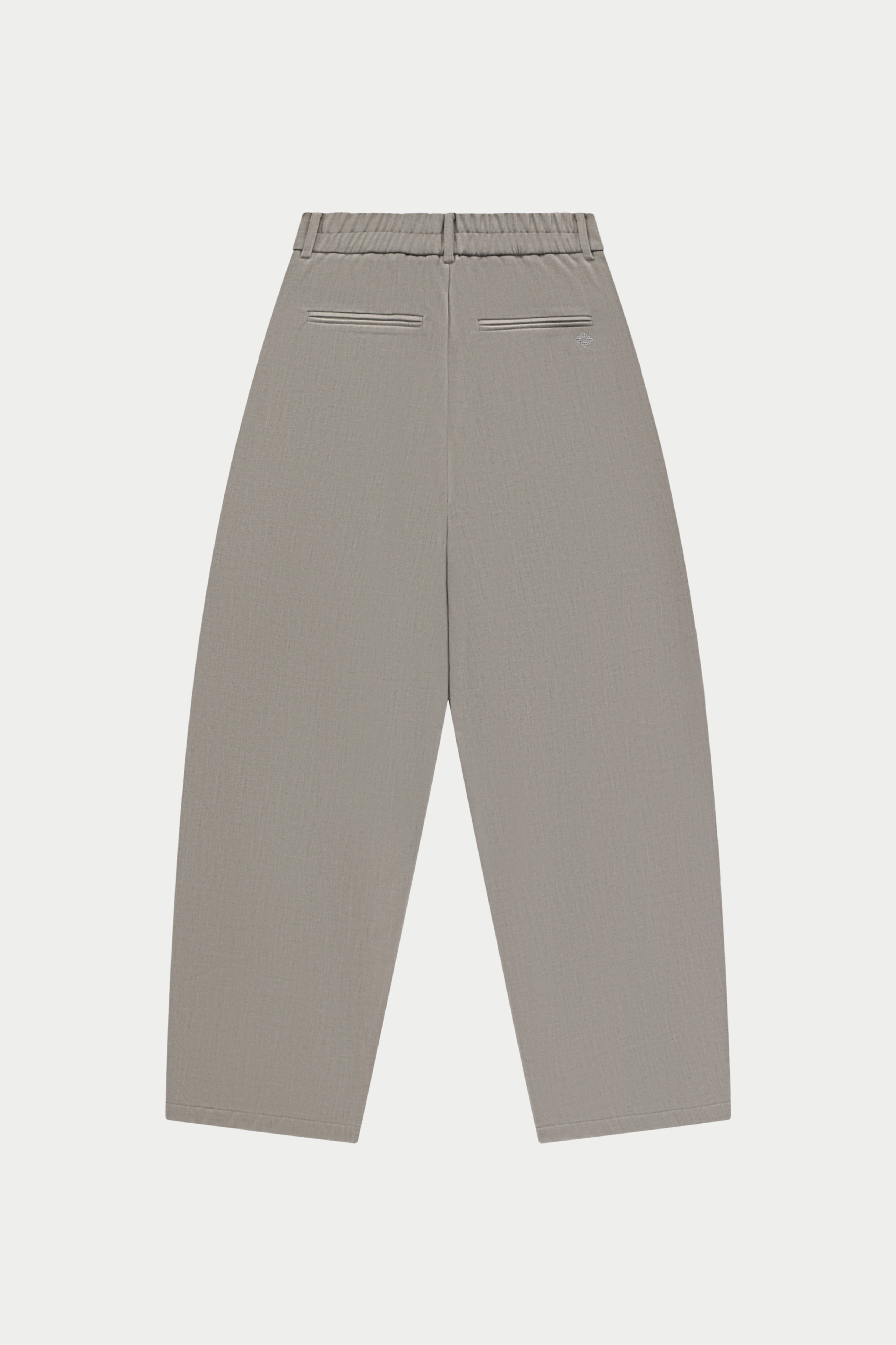 Light grey barrel leg trousers on a white background