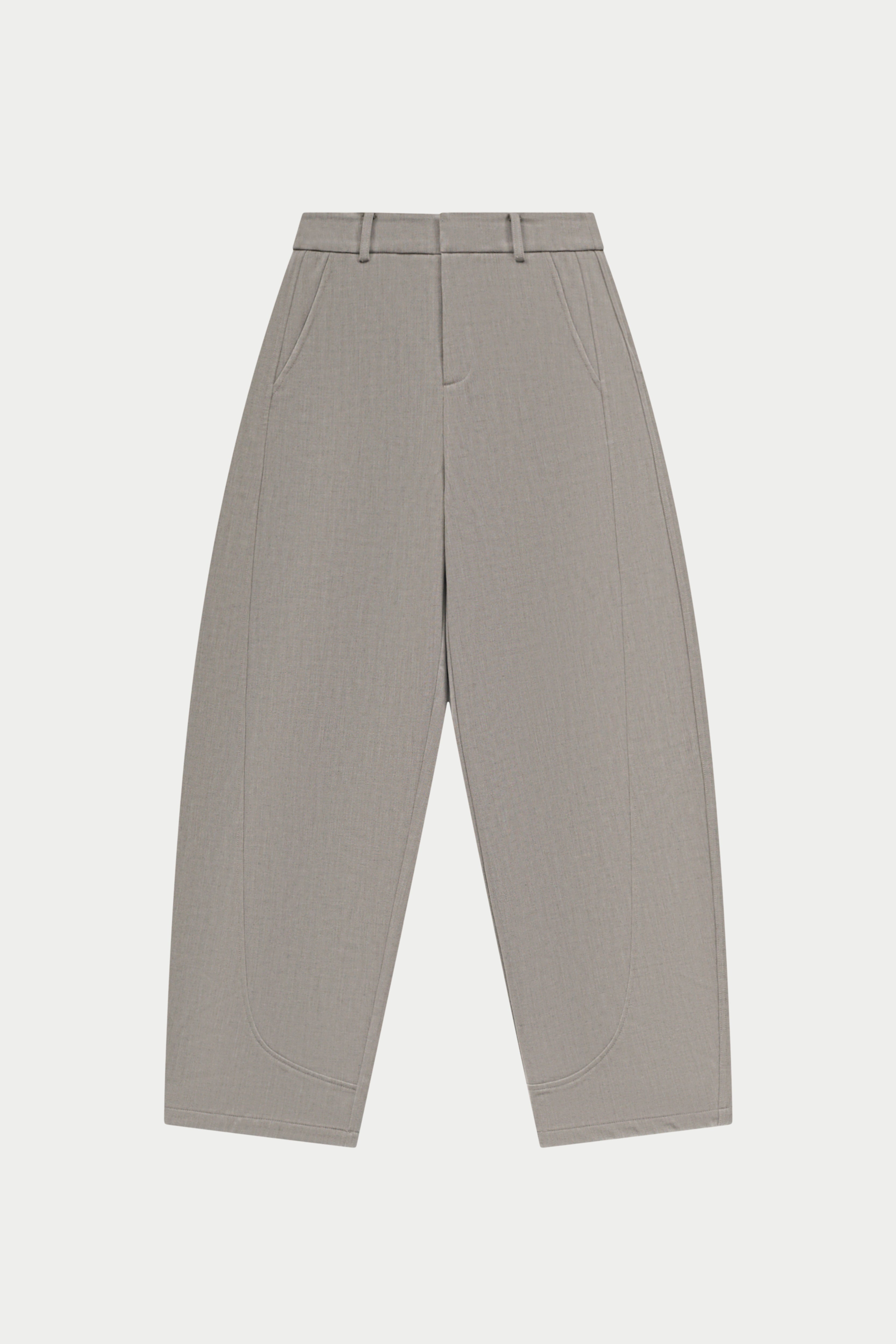 Light grey barrel leg trousers on a white background