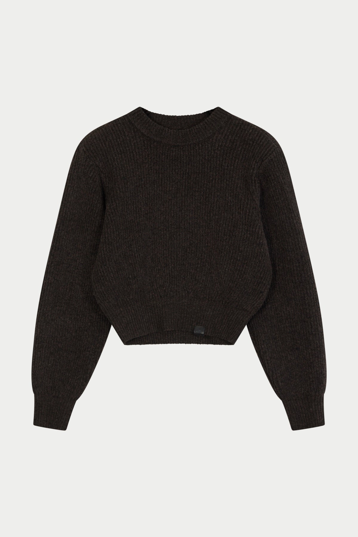 BRUSHED RIB KNITTED SHOULDER PADDED CREW - BROWN
