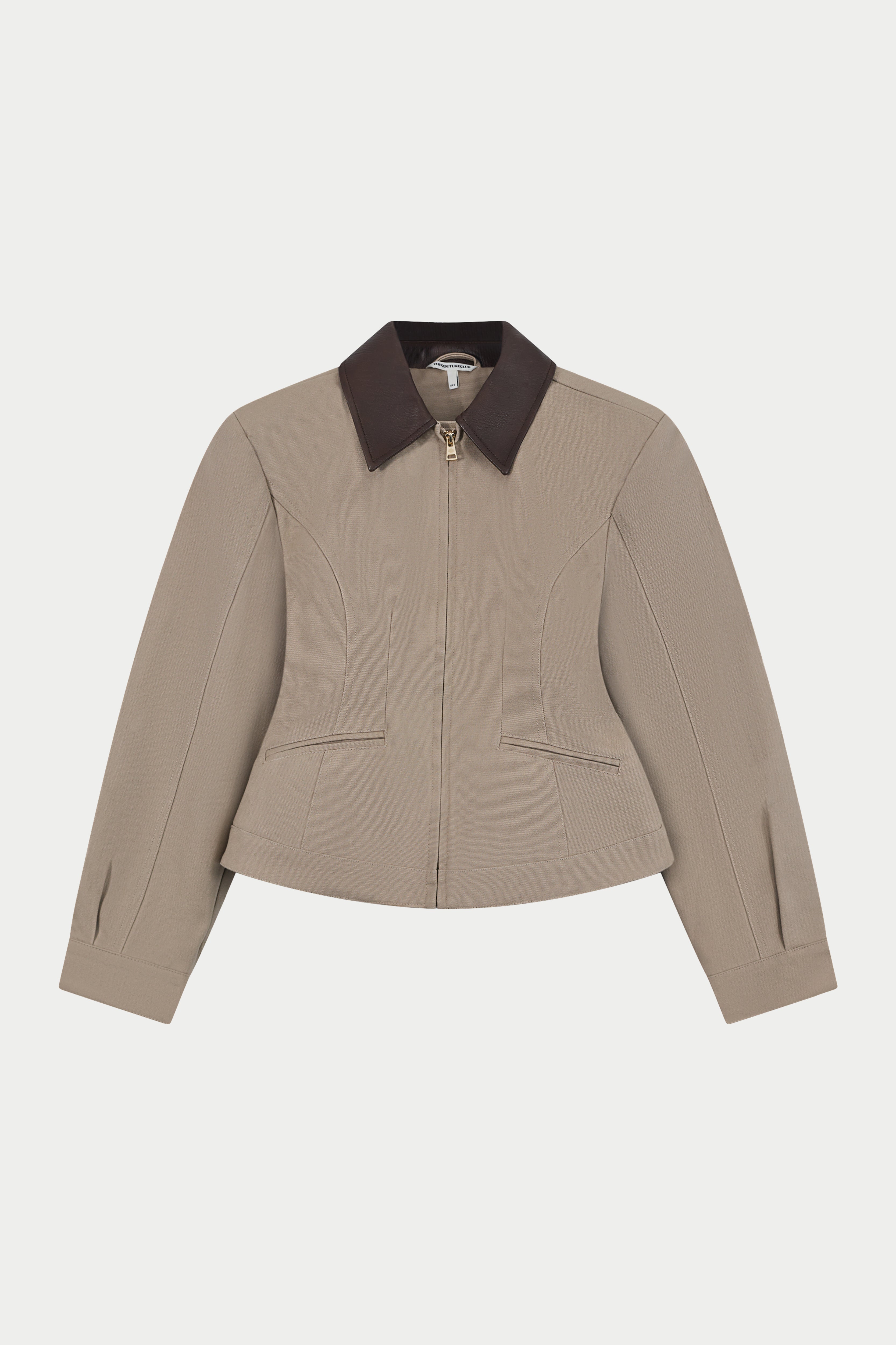 CONTRAST COLLAR CINCHED WAIST JACKET - BEIGE