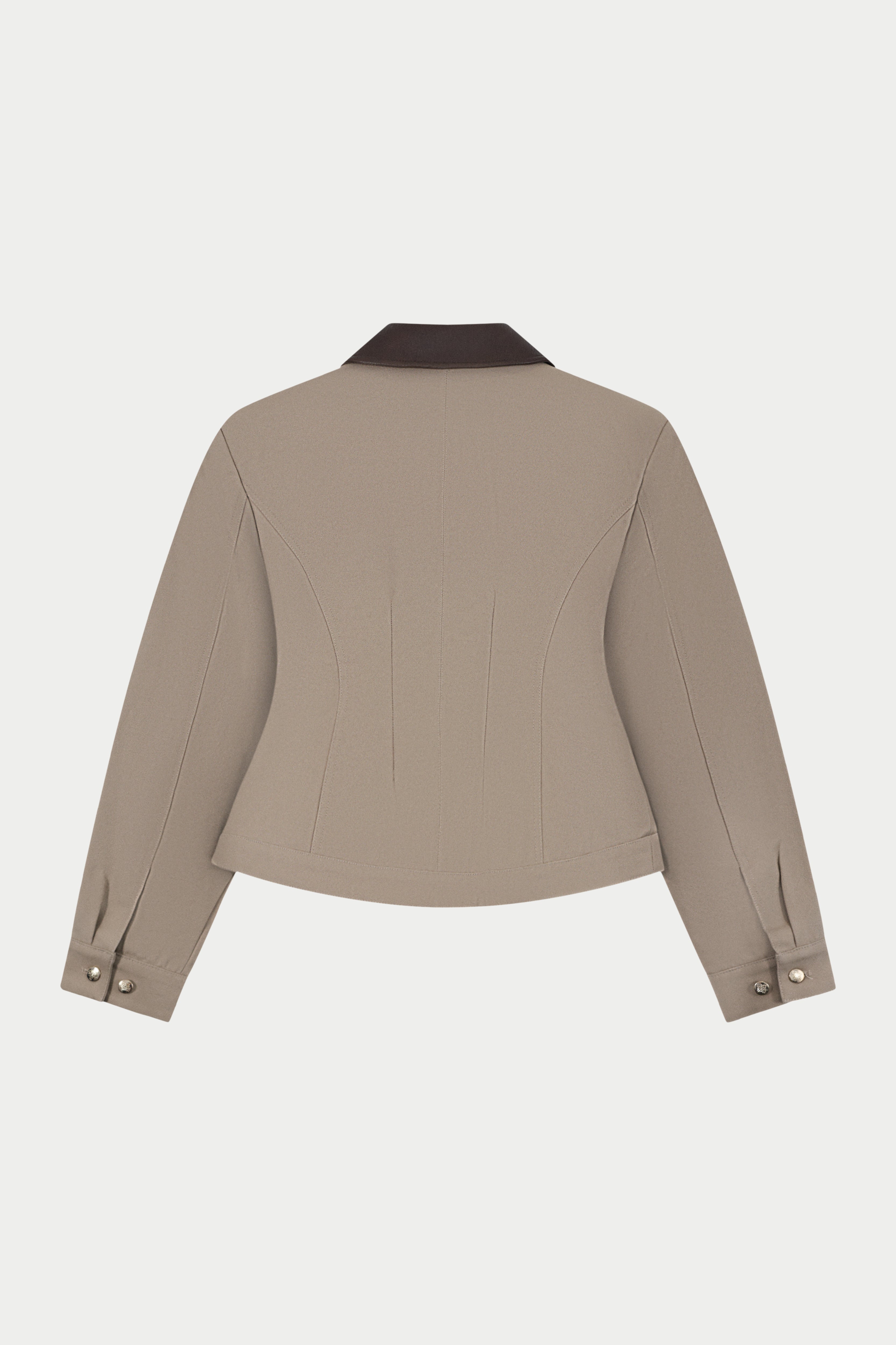 CONTRAST COLLAR CINCHED WAIST JACKET - BEIGE
