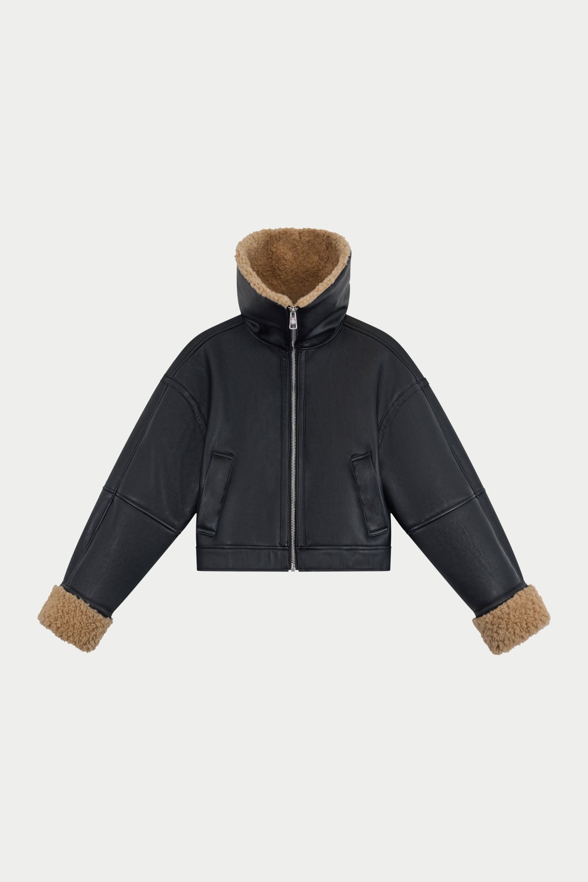 BORG FUNNEL NECK FAUX LEATHER AVIATOR - BROWN