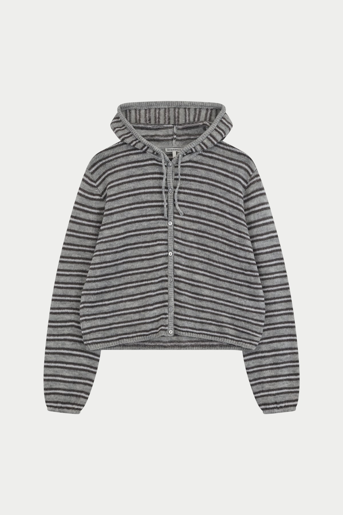 STRIPE LOOSE KNIT HOODED CARDIGAN - GREY