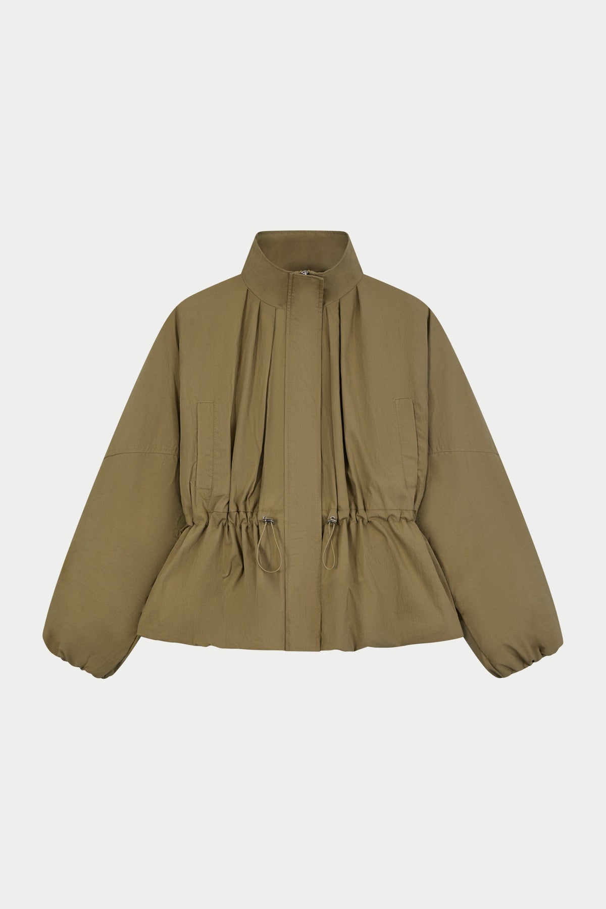 CINCHED WAIST FUNNEL NECK PADDED JACKET - KHAKI