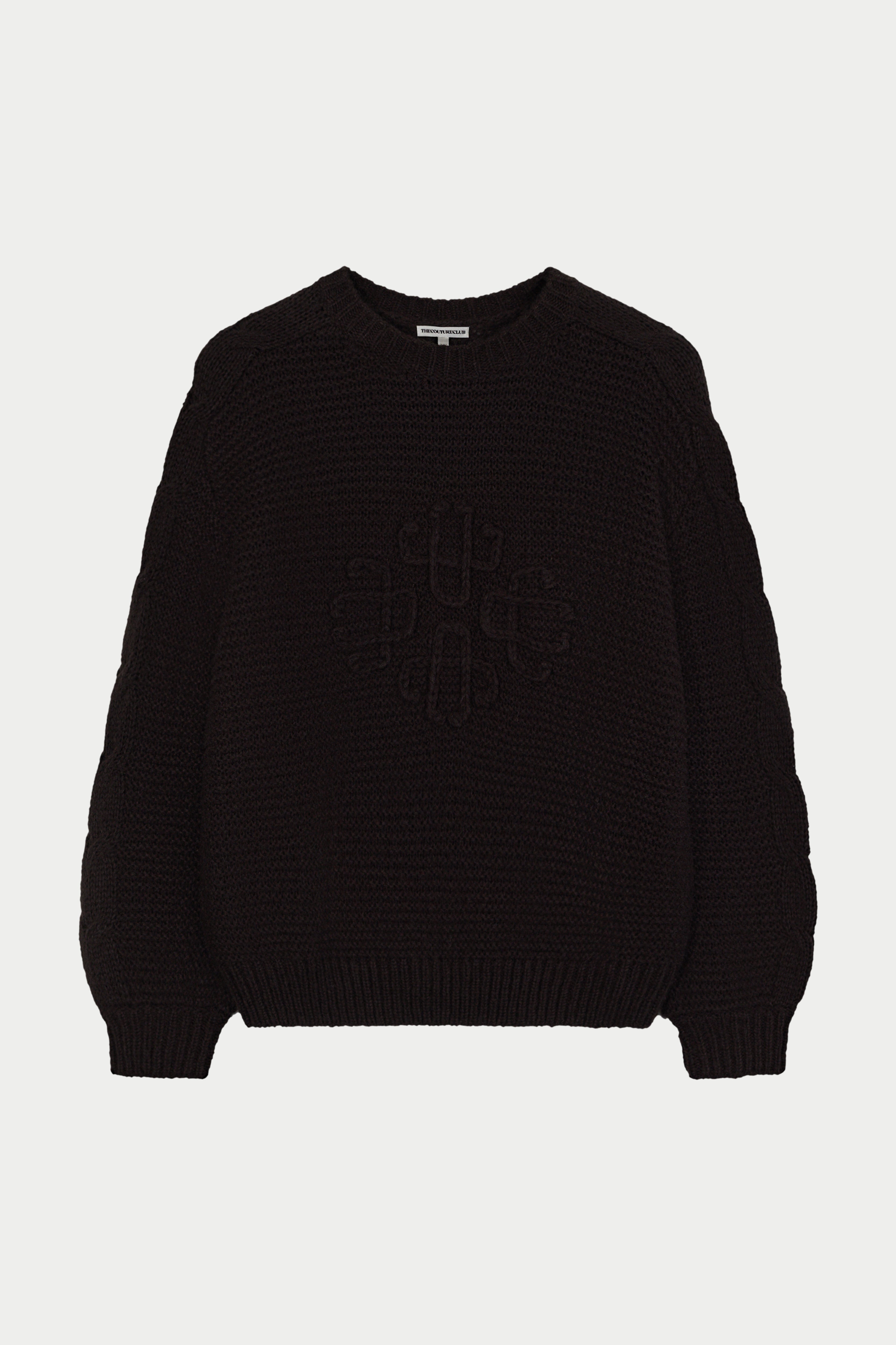EMBLEM LOOSE KNIT OVERSIZED CREW - CHOCOLATE