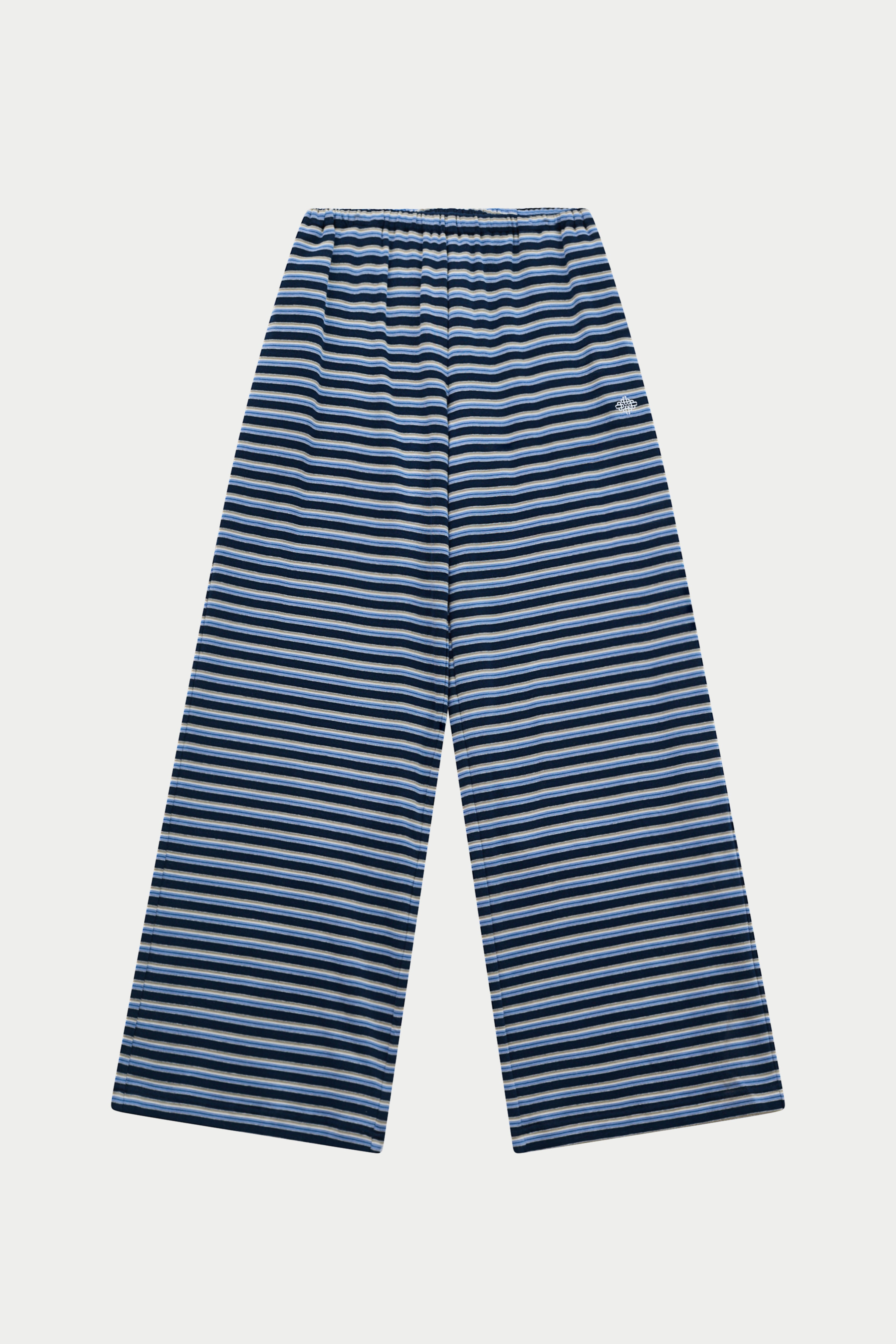Blue and white striped pants on a light grey background