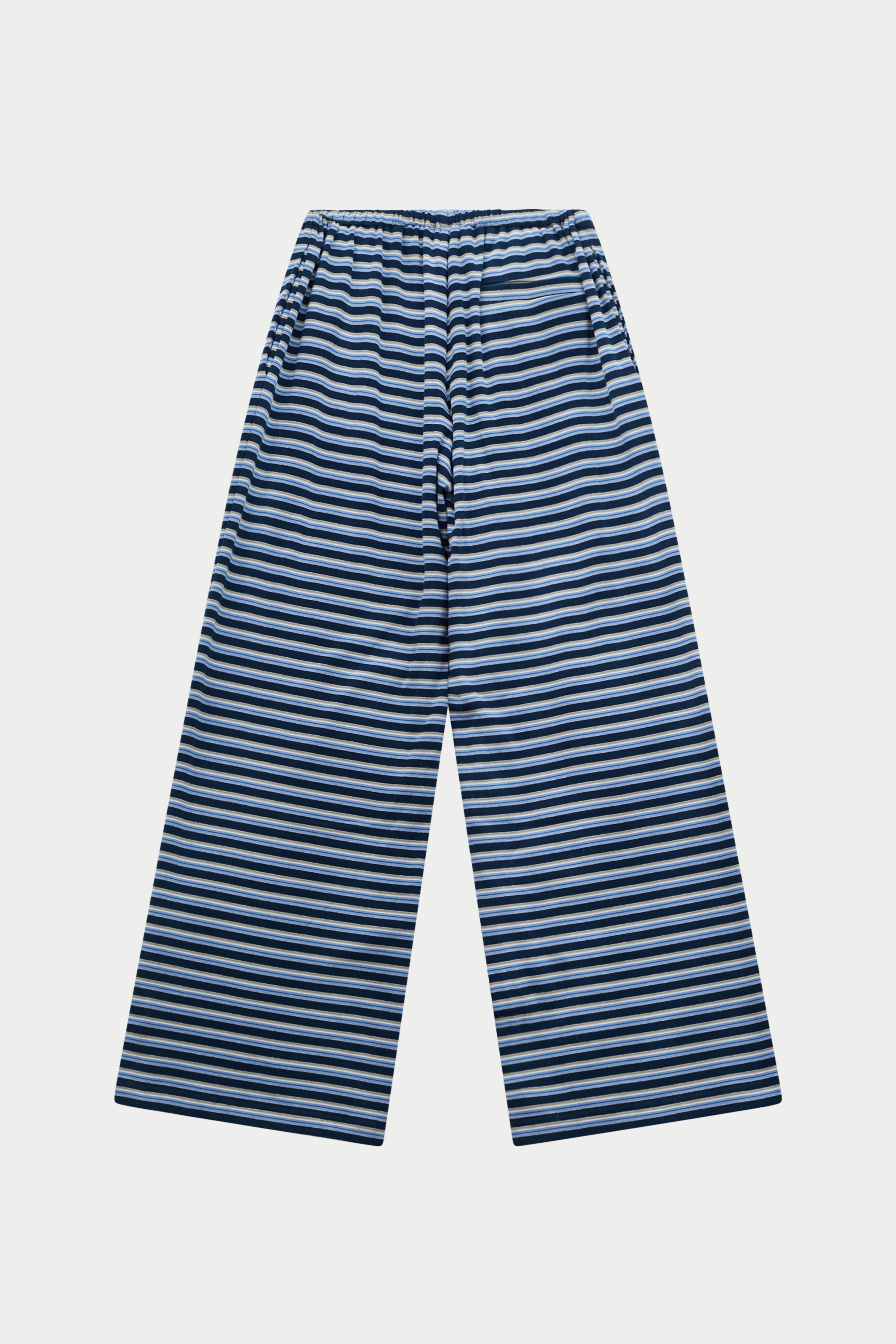 Blue and white striped pants on a light grey background