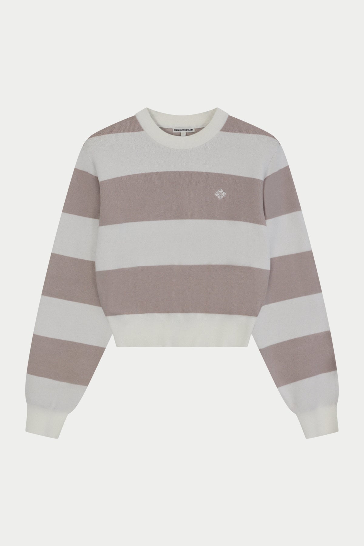 SHOULDER PADDED STRIPE KNIT CREW - BEIGE