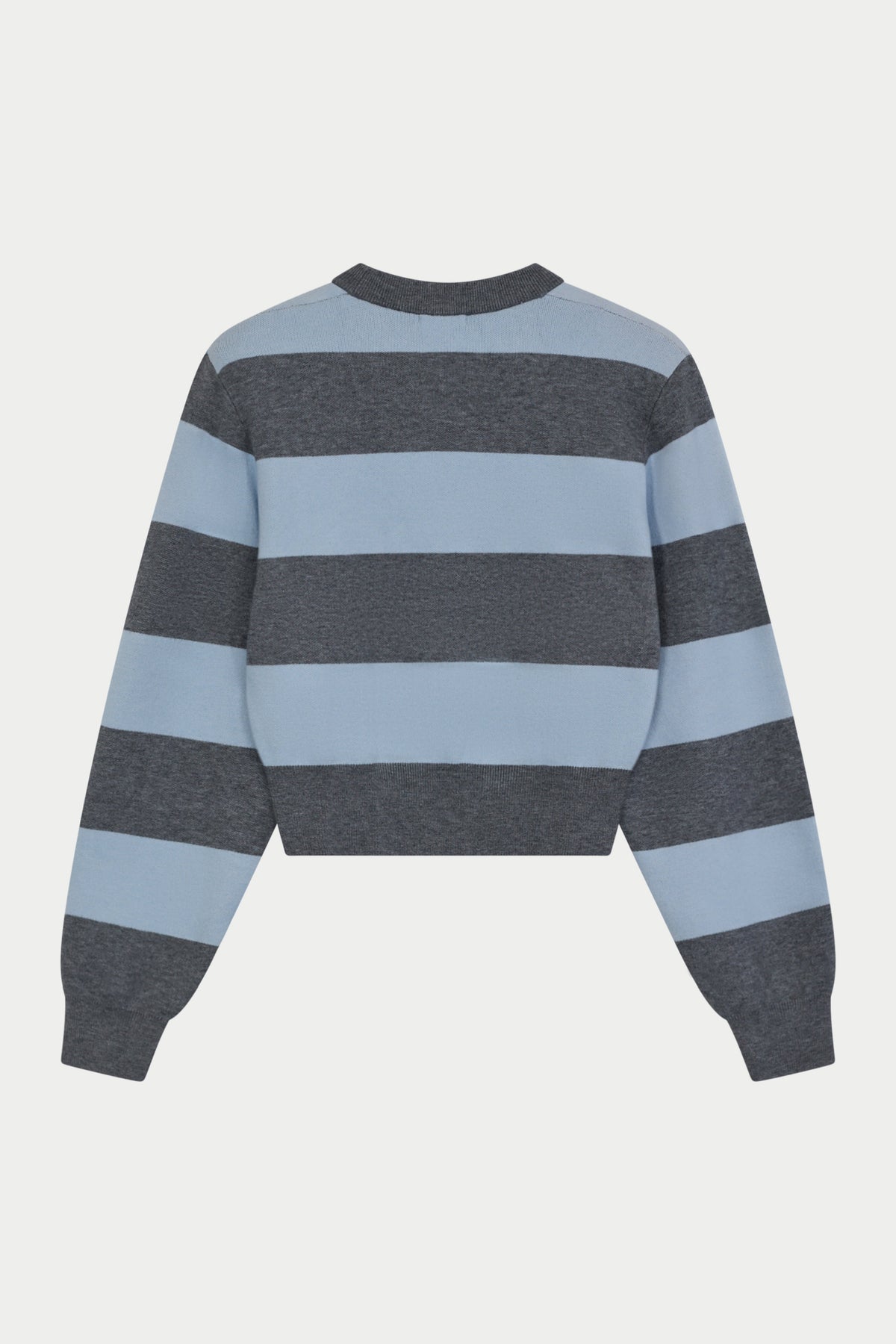 SHOULDER PADDED STRIPE KNIT CREW - GREY BLUE