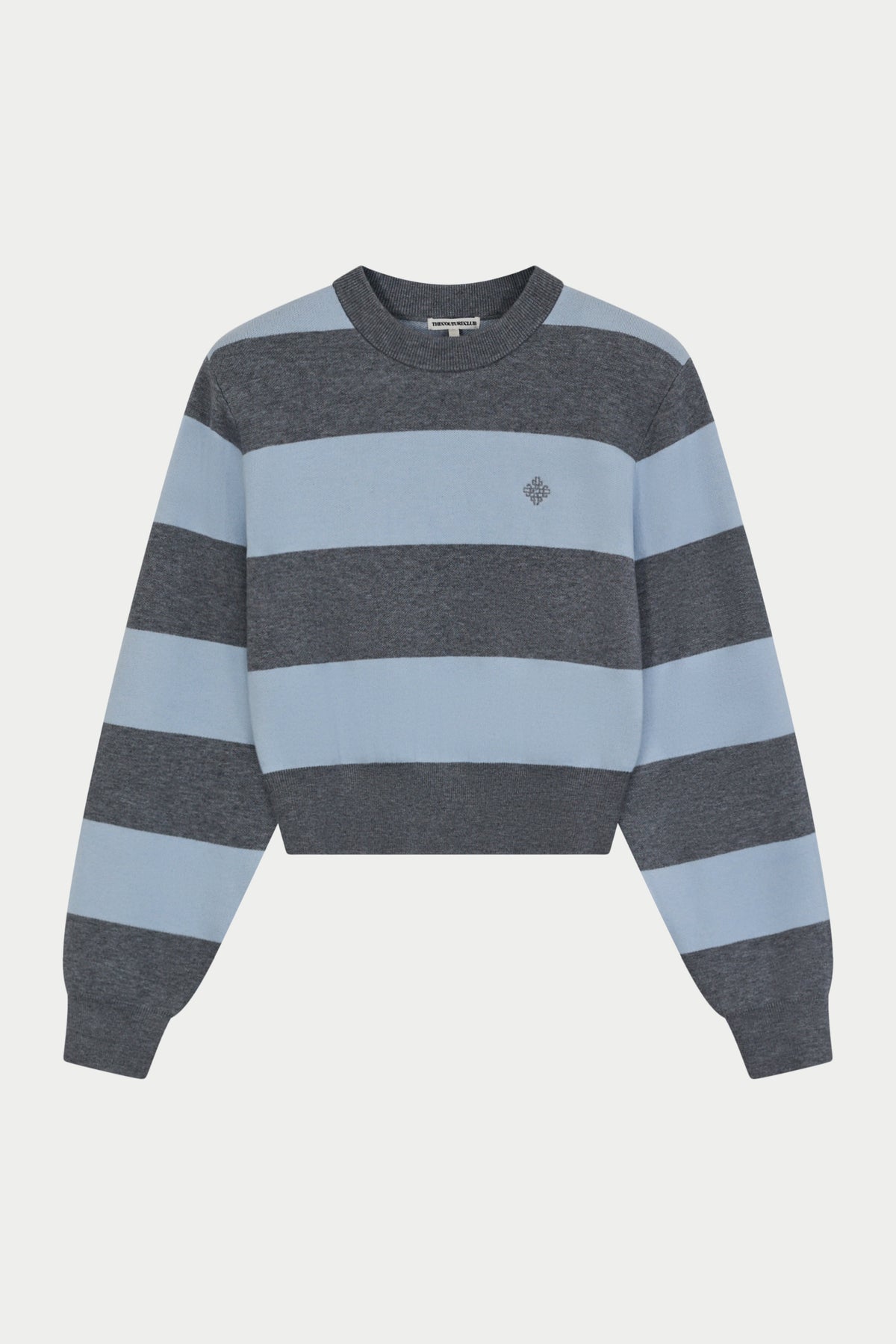 SHOULDER PADDED STRIPE KNIT CREW - GREY BLUE