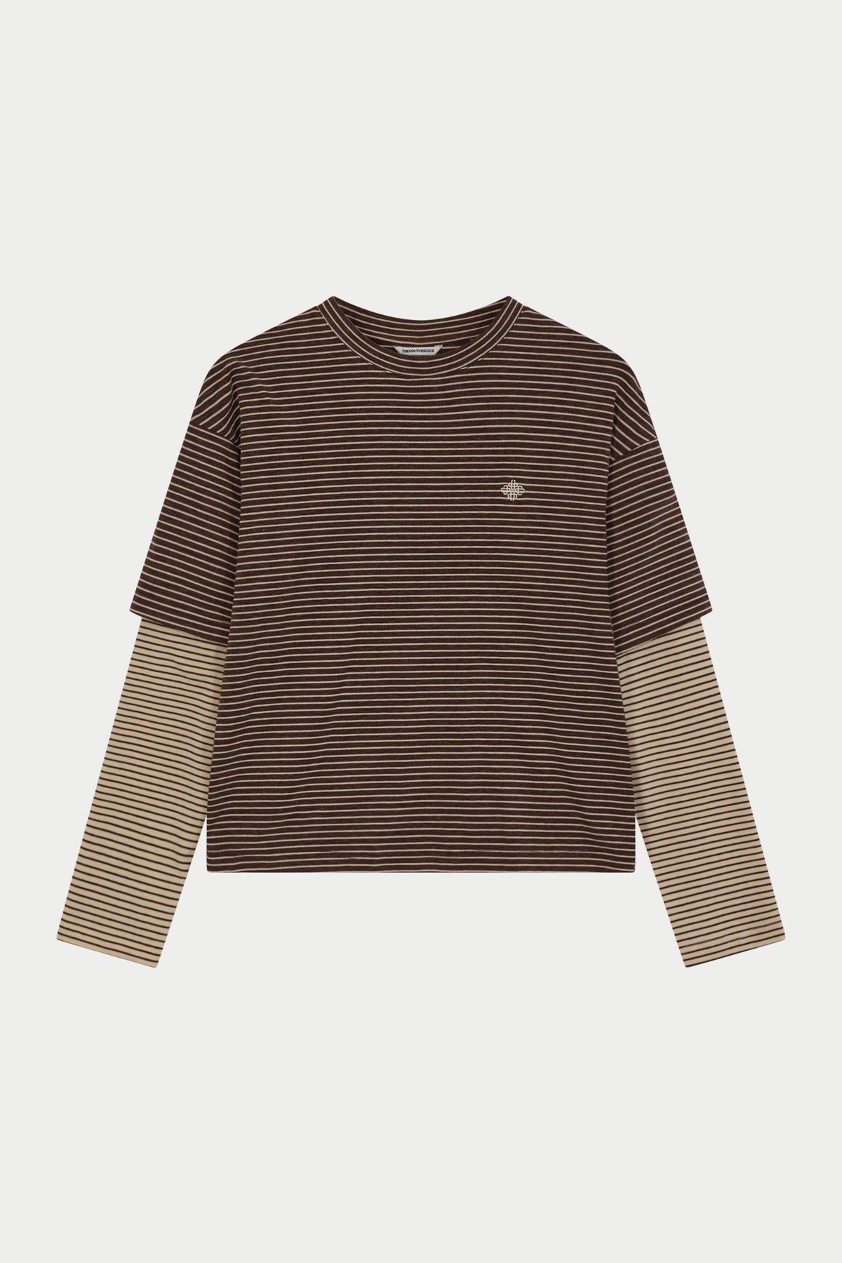 DOUBLE LAYER STRIPE LONG SLEEVE T-SHIRT - BROWN