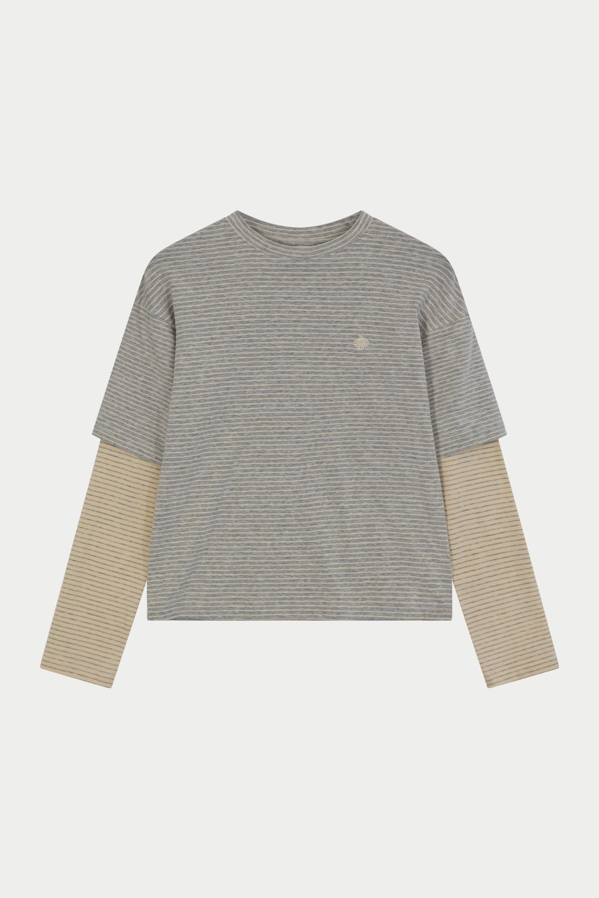 DOUBLE LAYER STRIPE LONG SLEEVE T-SHIRT - GREY