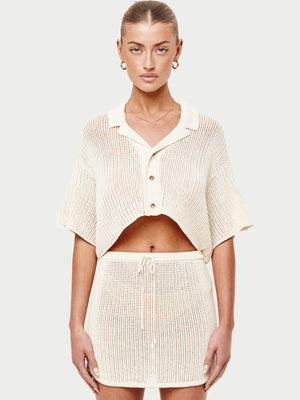 KNITTED CROPPED RESORT SHIRT - OFF WHITE
