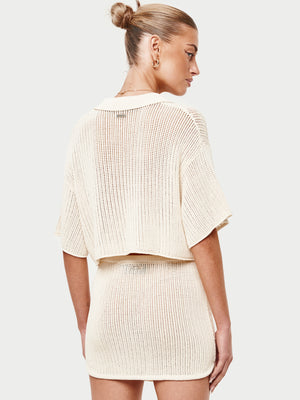 KNITTED CROPPED RESORT SHIRT - OFF WHITE