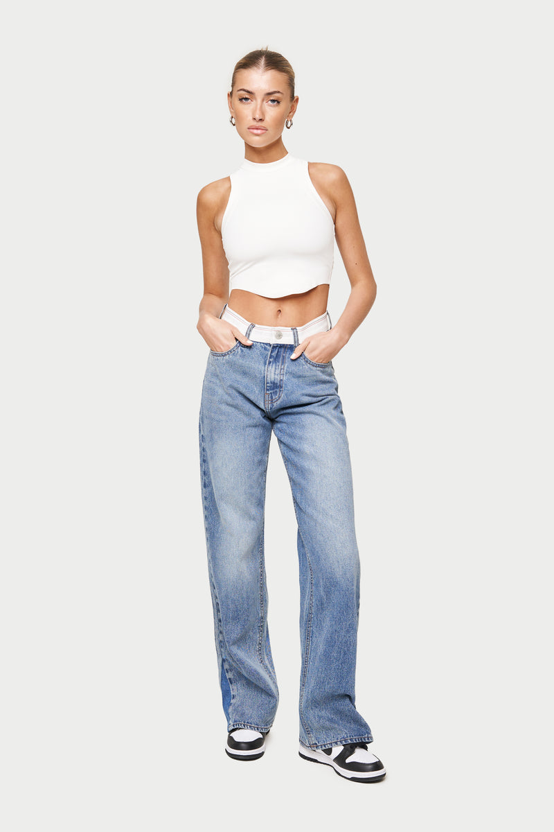 REVERSE WAISTBAND JEANS  - WASHED BLUE