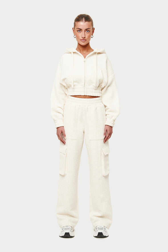 WAFFLE CROPPED ZIP THROUGH CROPPED HOODIE - CREAM