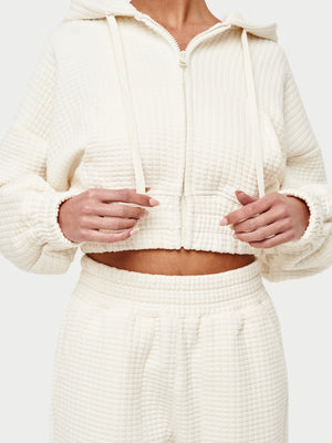 WAFFLE CROPPED ZIP THROUGH CROPPED HOODIE - CREAM