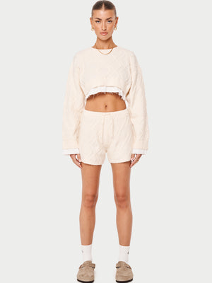 CABLE KNITTED CROPPED SWEATER - OFF WHITE