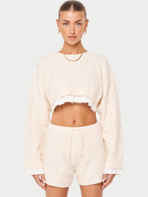 CABLE KNITTED CROPPED SWEATER - OFF WHITE