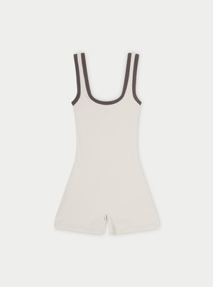 SCULPTING STRETCH EMBLEM CONTRAST PIPING UNITARD - OFF WHITE