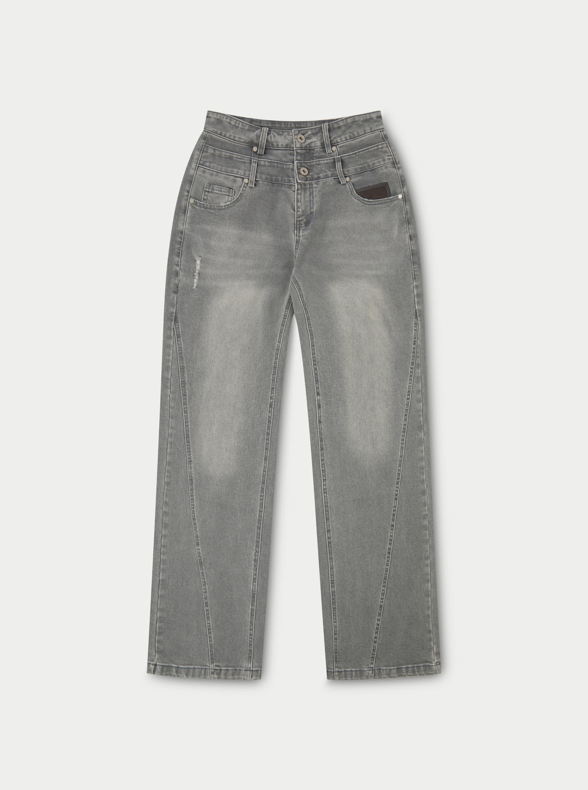 Distressed Double Waistband Jeans - Grey Wash