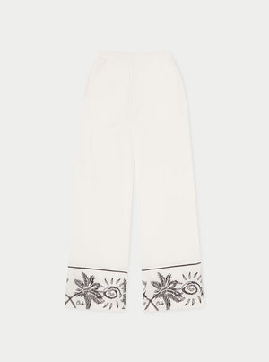 PALM EMBROIDERY WIDE LEG TROUSERS - WHITE