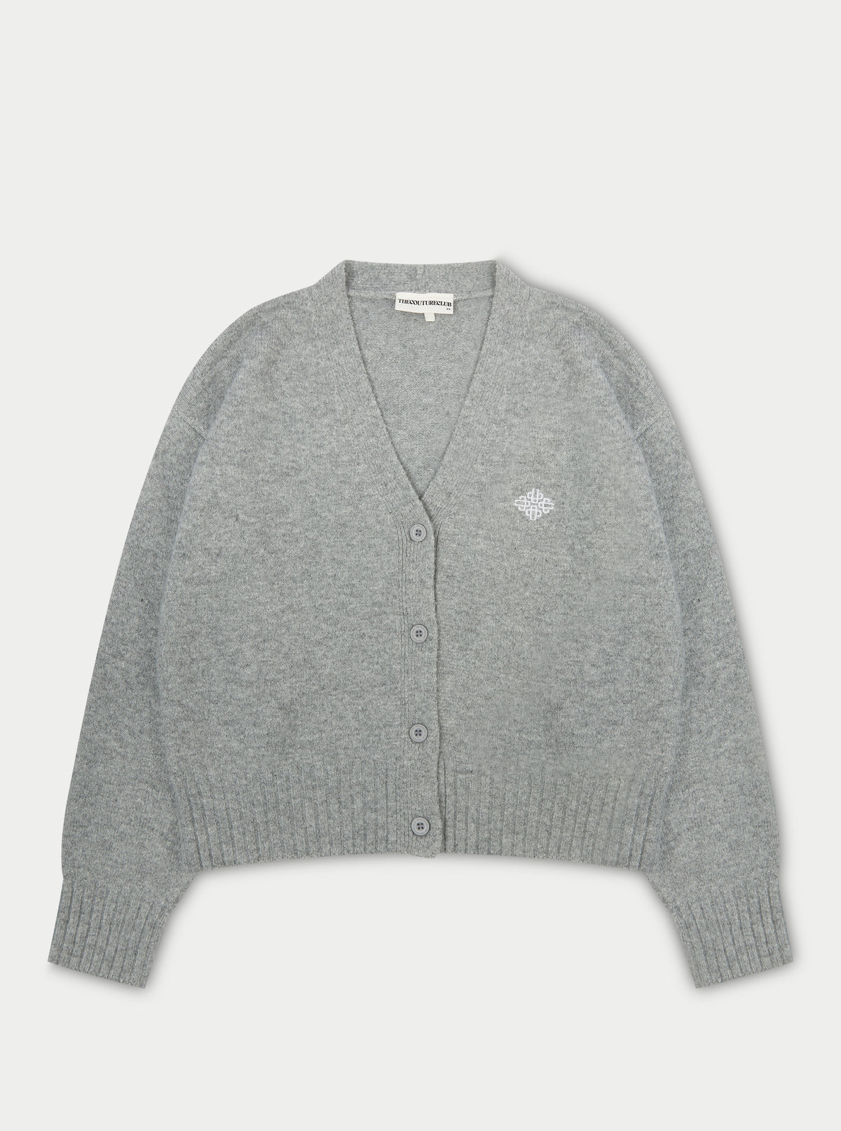 FLUFFY KNIT EMBLEM EMBROIDERED CARDIGAN - GREY MARL