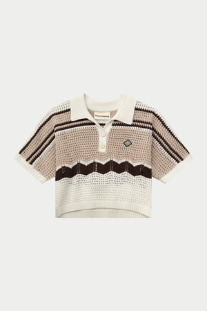 STRIPE CROCHET KNITTED OPEN COLLAR SHIRT - OFF WHITE